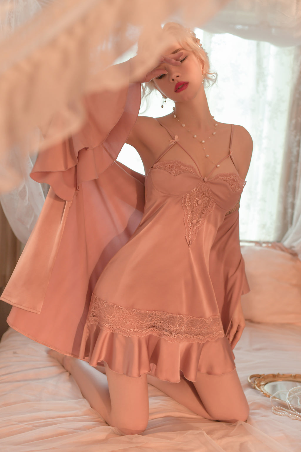 Satin Babydoll with Sheer Mesh Overlay and Ruffled Hem