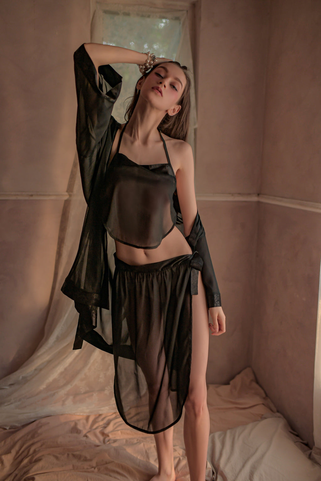 Sexy Sheer Mesh Ancient Chinese 3-Piece Lingerie Set – Elegant Hanfu-Inspired Belly Dance Top & Homewear Ensemble