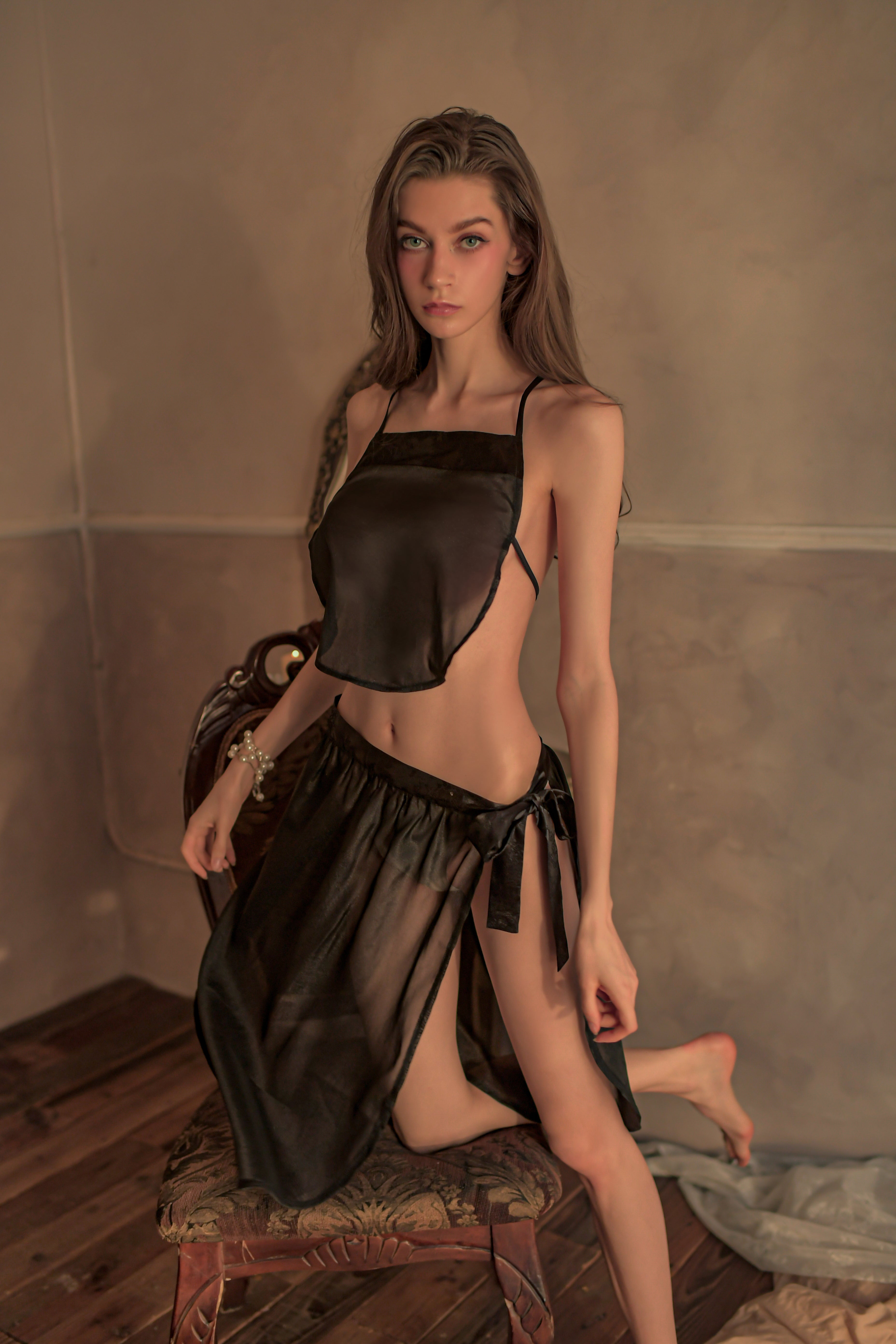 Sexy Sheer Mesh Ancient Chinese 3-Piece Lingerie Set – Elegant Hanfu-Inspired Belly Dance Top & Homewear Ensemble
