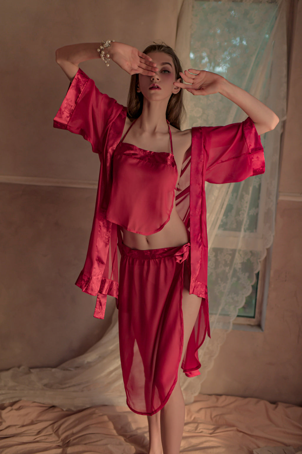 Sexy Sheer Mesh Ancient Chinese 3-Piece Lingerie Set – Elegant Hanfu-Inspired Belly Dance Top & Homewear Ensemble