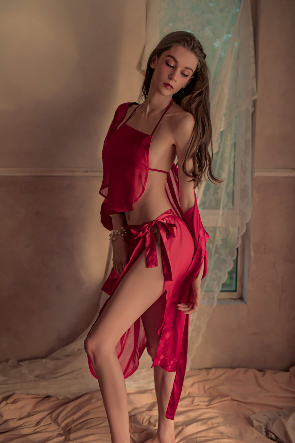 Sexy Sheer Mesh Ancient Chinese 3-Piece Lingerie Set – Elegant Hanfu-Inspired Belly Dance Top & Homewear Ensemble
