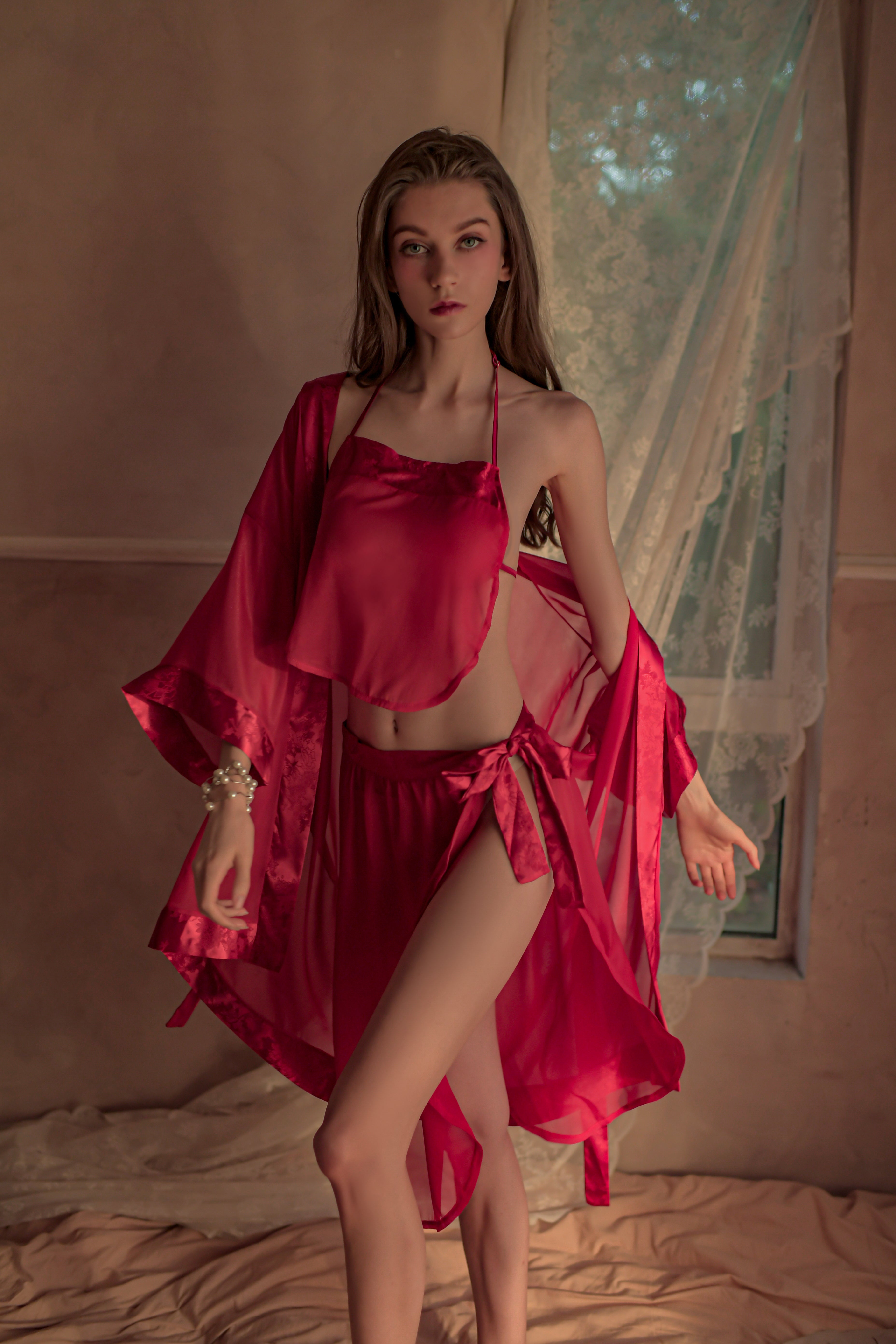 Sexy Sheer Mesh Ancient Chinese 3-Piece Lingerie Set – Elegant Hanfu-Inspired Belly Dance Top & Homewear Ensemble
