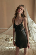 Little Black Satin Slip          black satin chemise, deep backless, mini slip dress, classic lingerie, chic & sexy