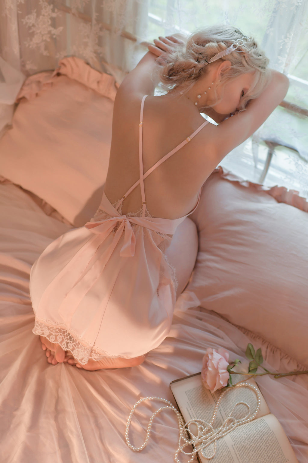 Deep V-Neck Satin Slip Dress with Open Back