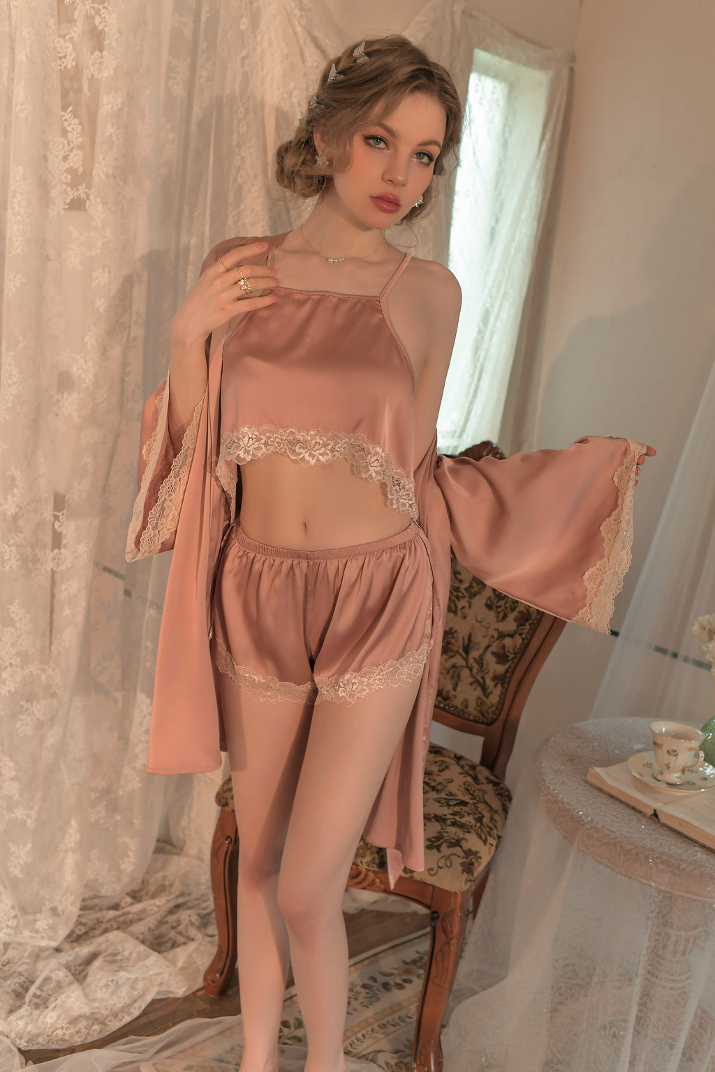 Lace Trimmed Satin Babydoll with Ruffled Hem and Bow Accent
