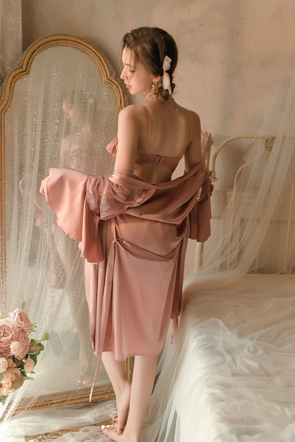 Satin Robe with Lace Trim and Matching Cami Slip