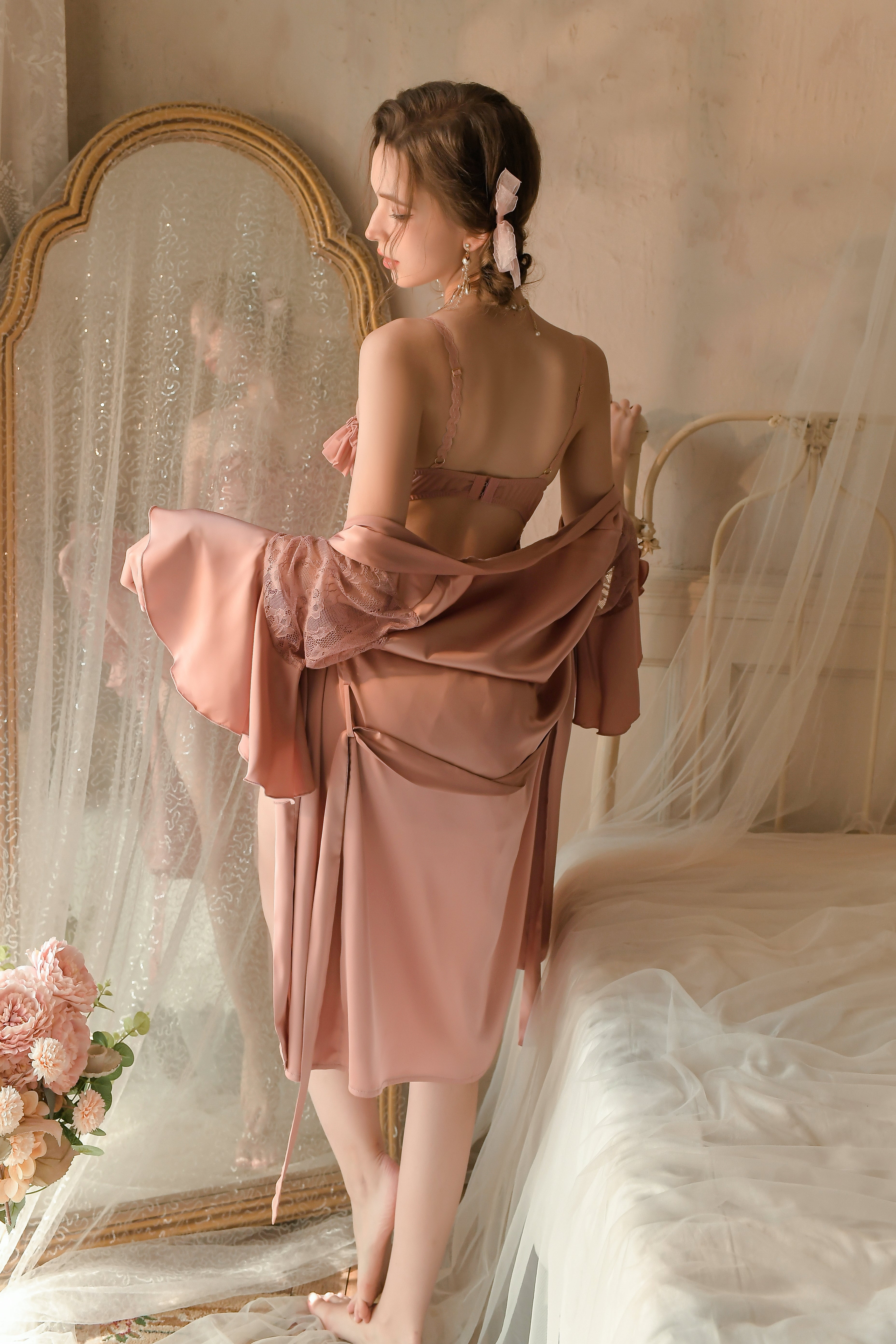 Satin Robe with Lace Trim and Matching Cami Slip