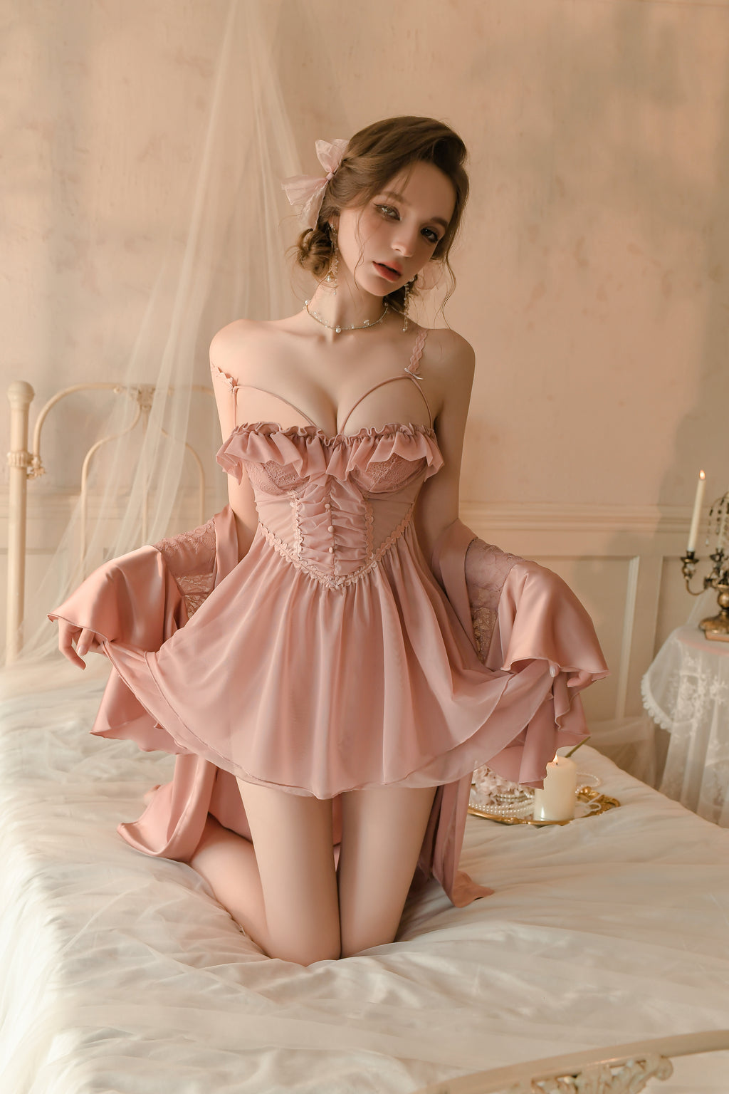 Satin Robe with Lace Trim and Matching Cami Slip
