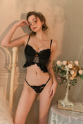 Lace Trimmed Babydoll Set with High-Waisted Bottoms and Bow Accent