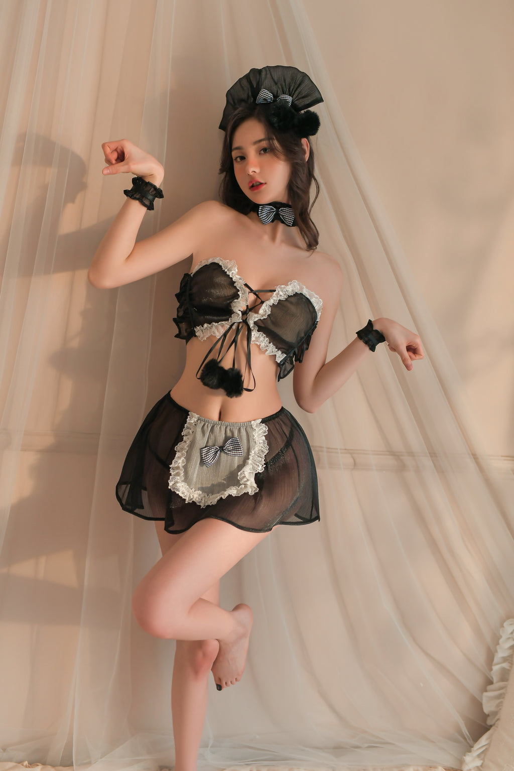 Playful French Maid Lingerie with Ruffled Apron and Lace Trim