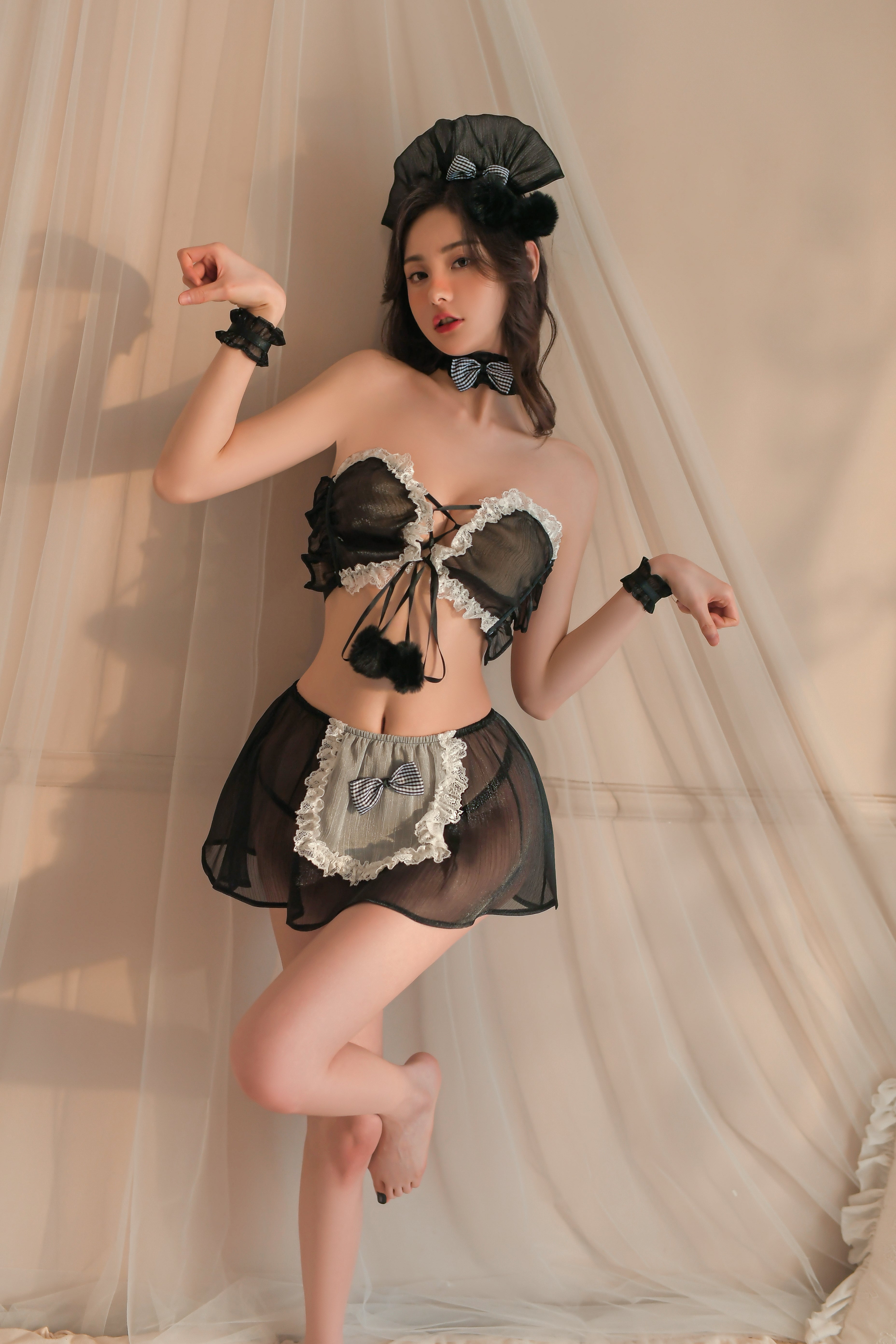 Playful French Maid Lingerie with Ruffled Apron and Lace Trim