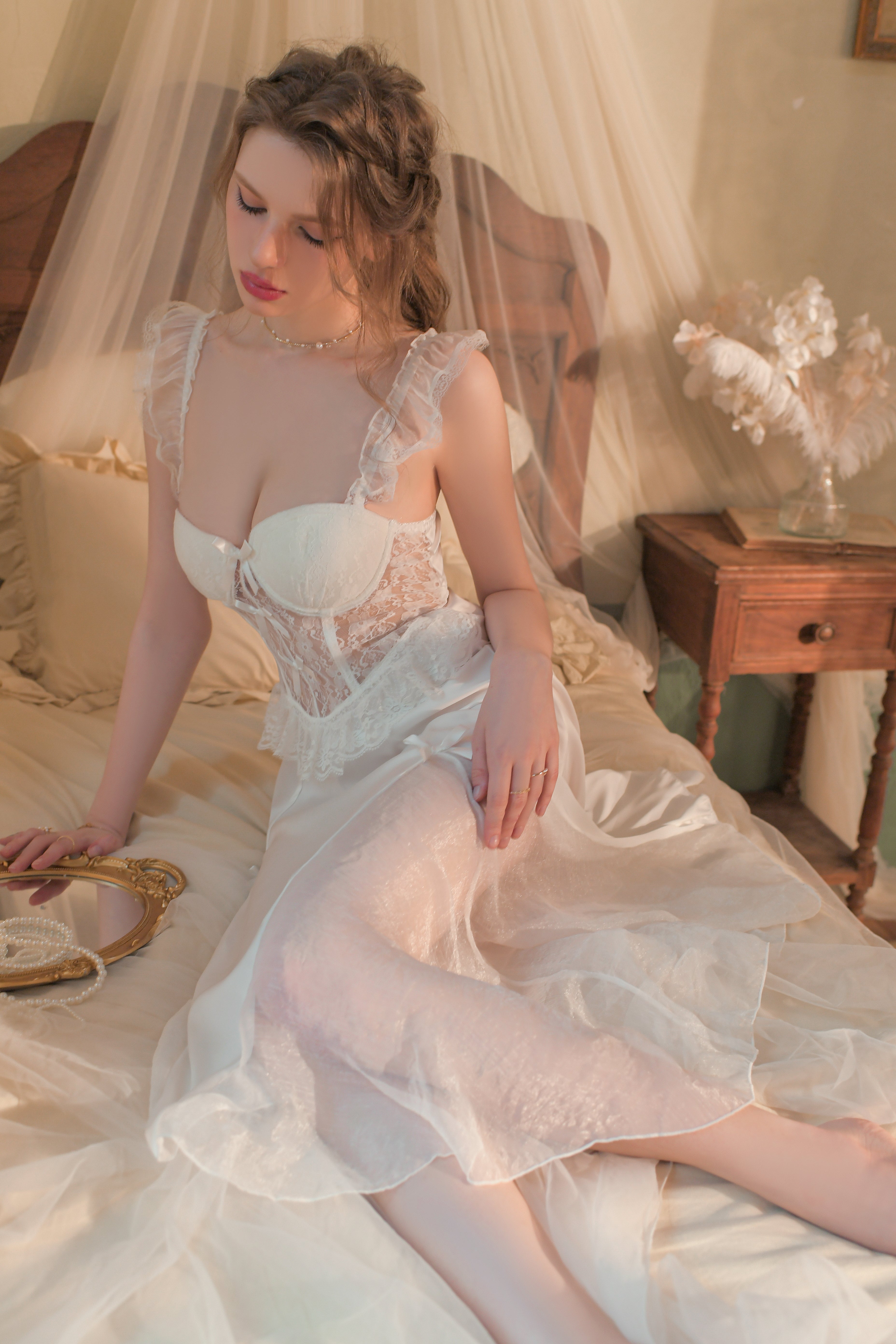 Satin Robe with Lace Trim and Matching Babydoll Set