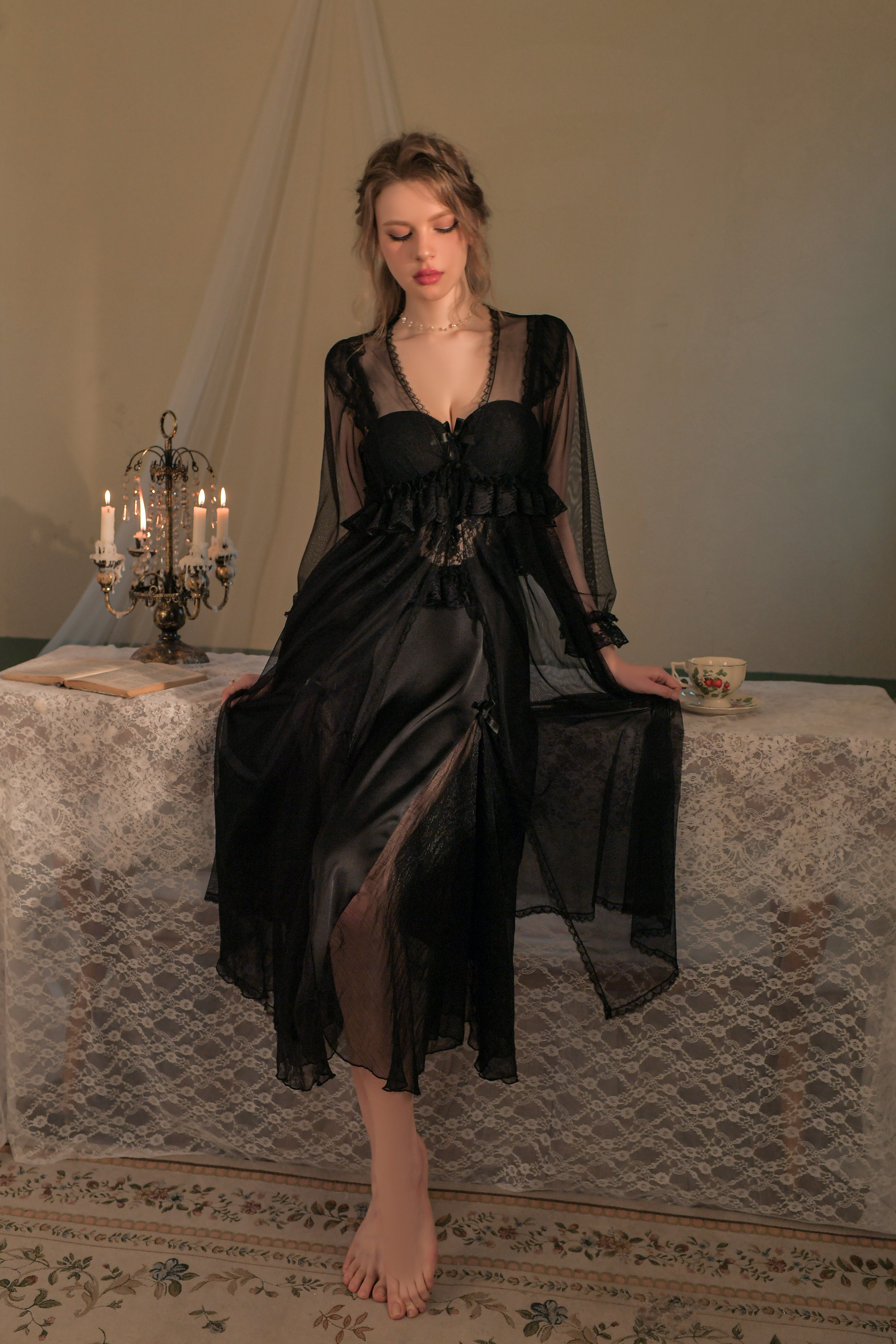 Satin Robe with Lace Trim and Matching Babydoll Set