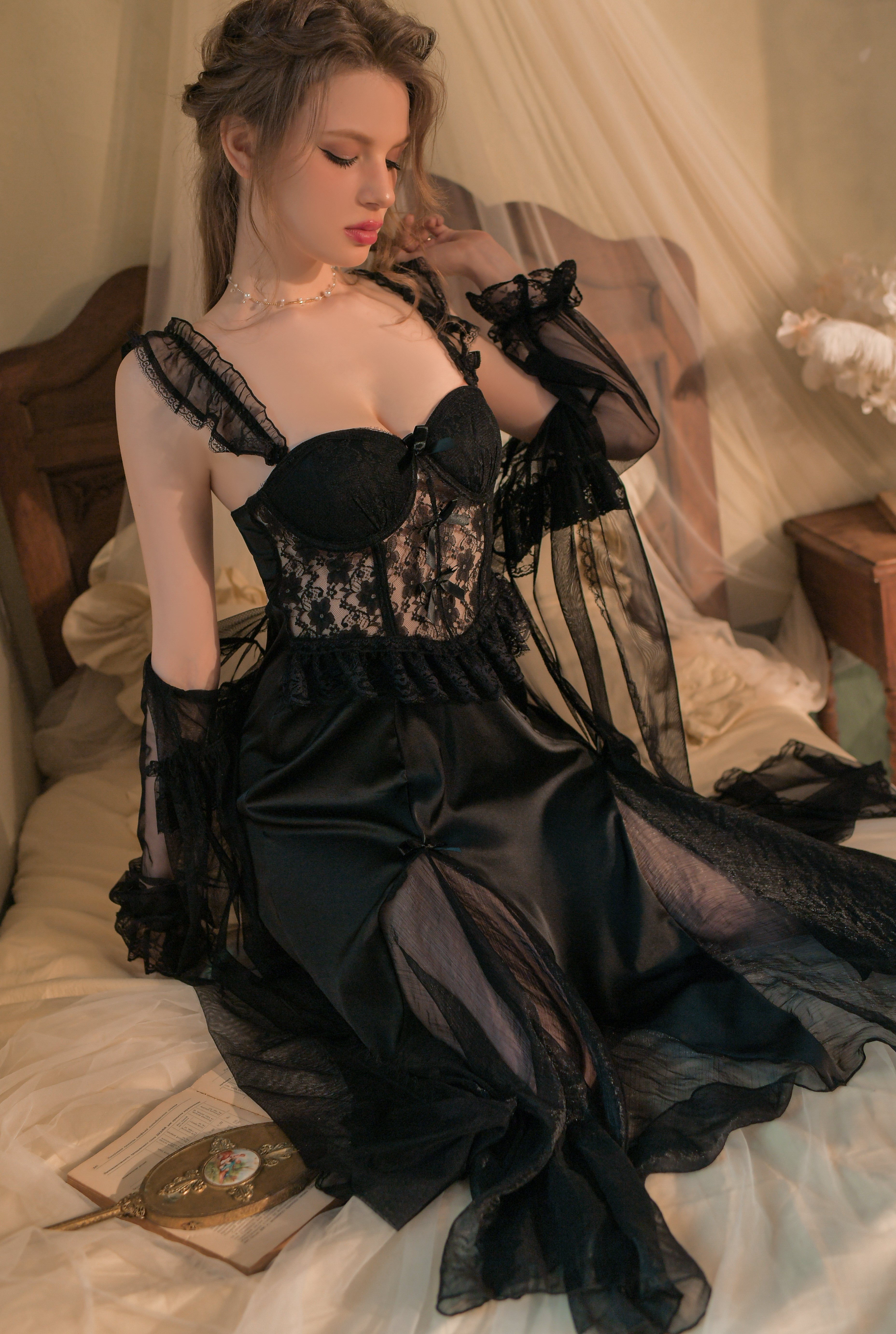 Satin Robe with Lace Trim and Matching Babydoll Set