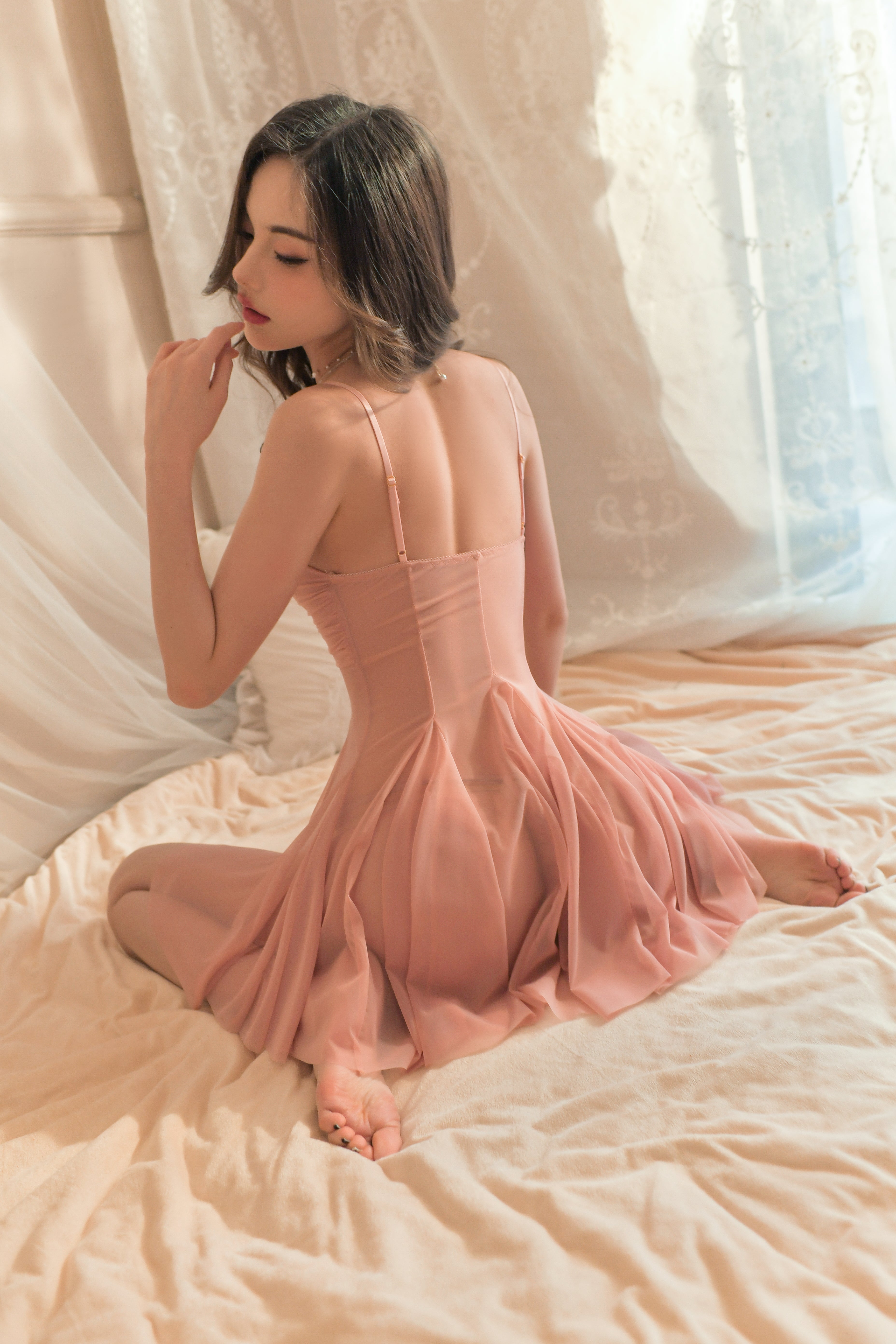Satin Babydoll with Sheer Mesh Overlay and Ruffled Hem