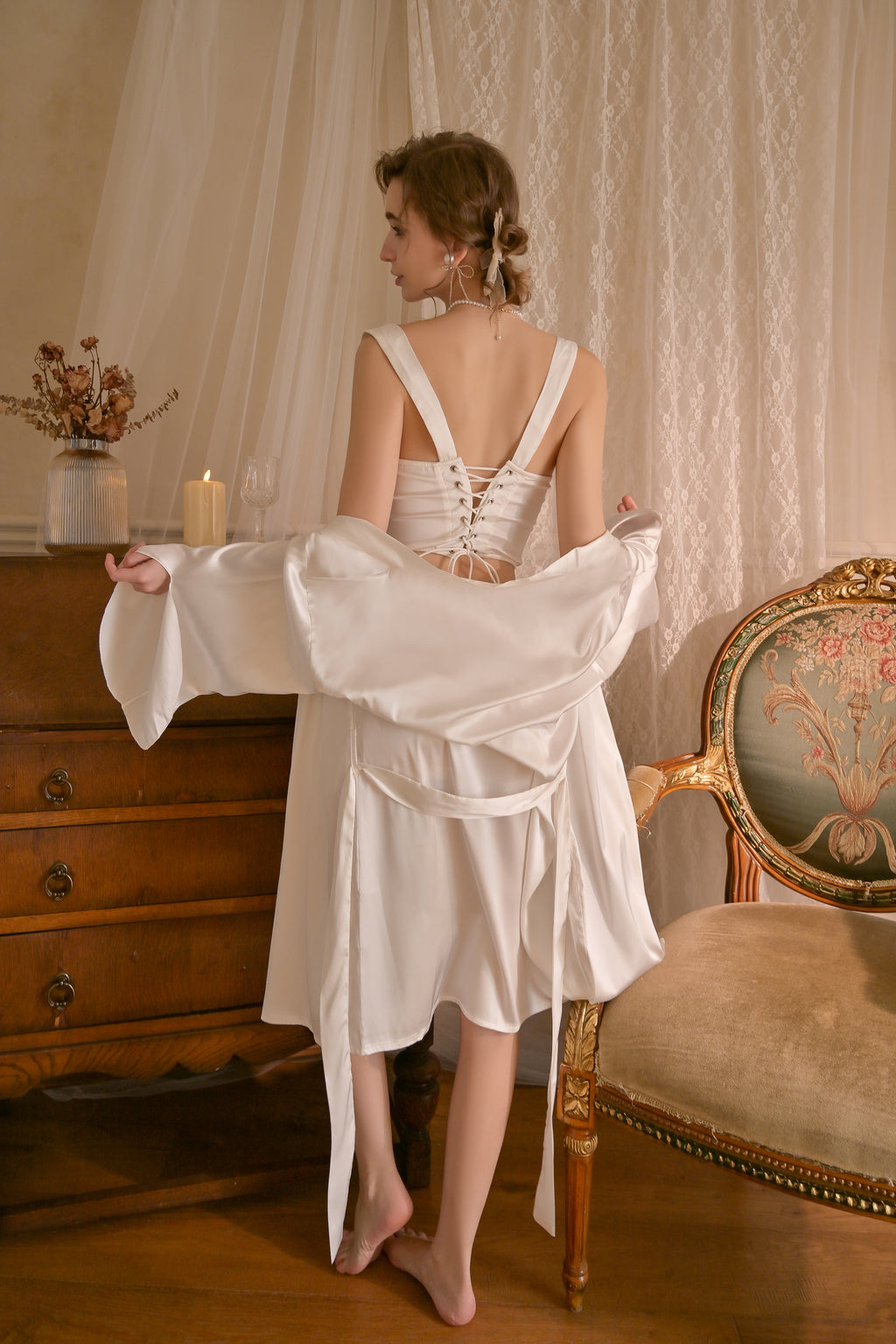 Satin Robe with Lace Trim and Matching Cami Slip