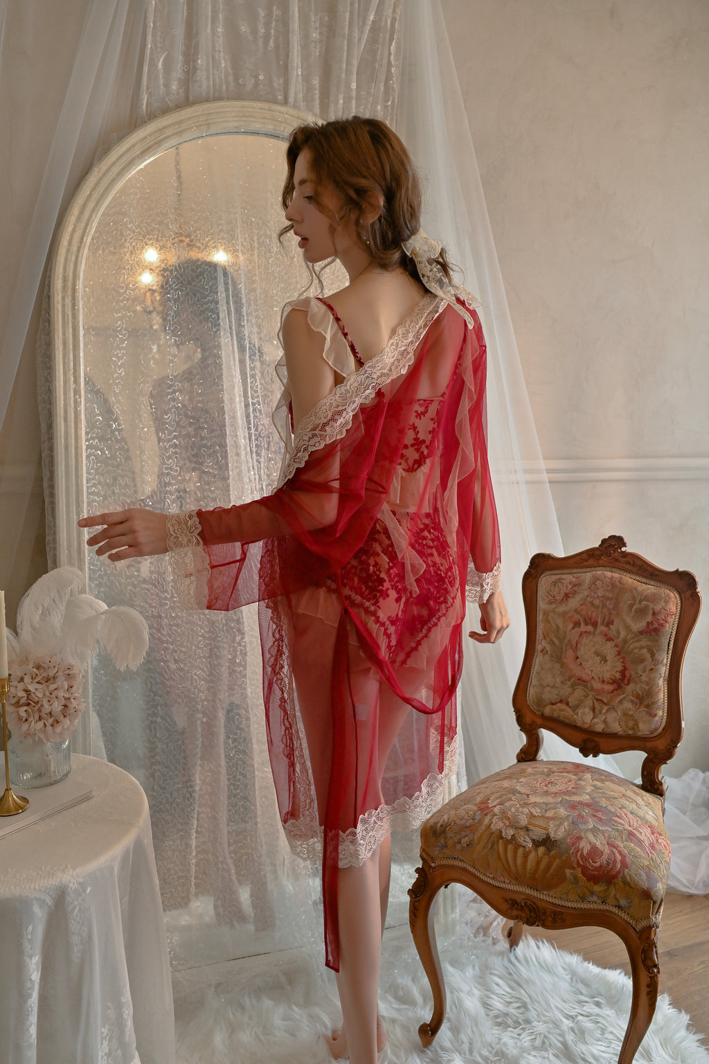 Lace Trimmed Satin Robe with Matching Babydoll Set