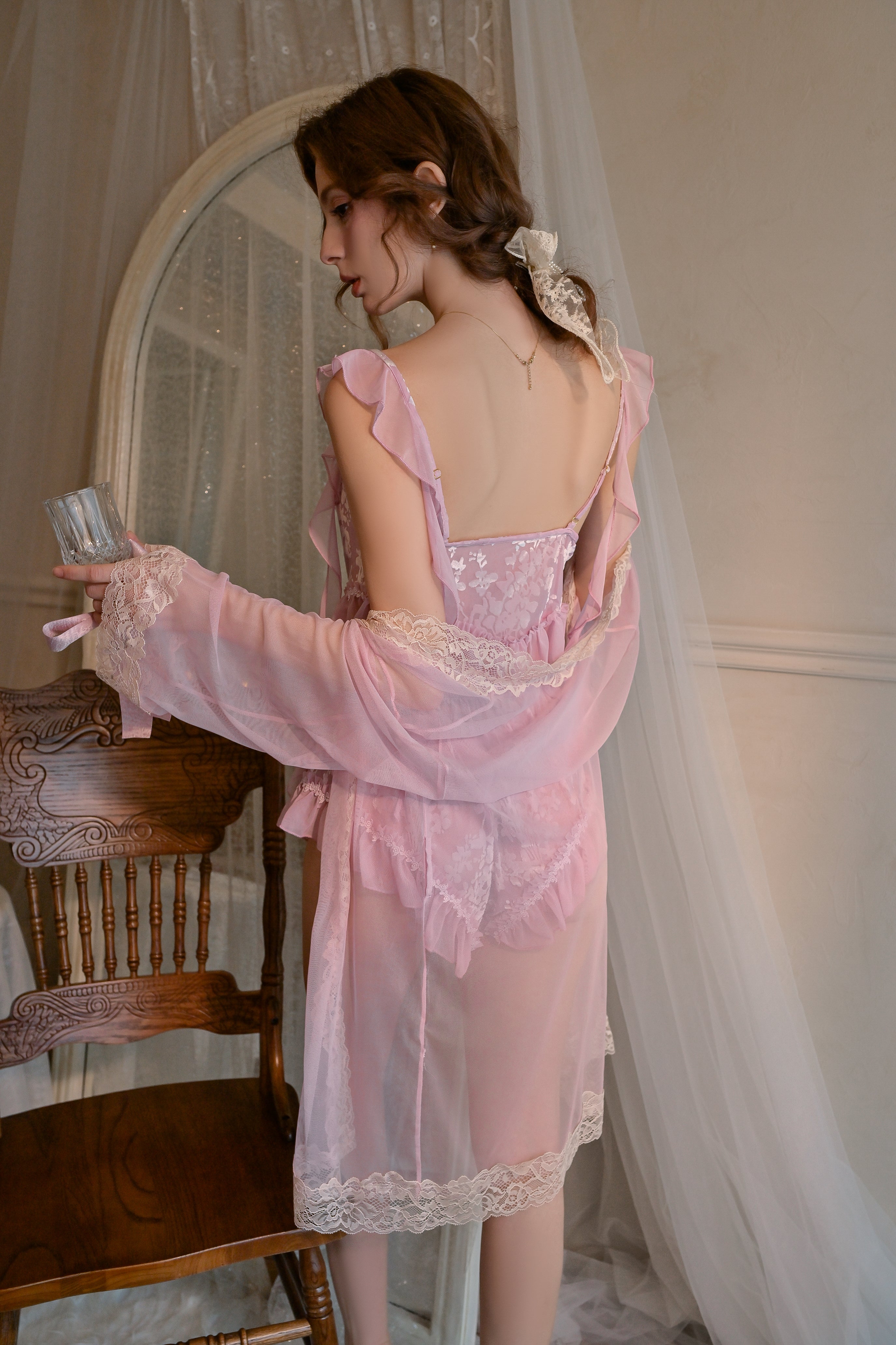 Lace Trimmed Satin Robe with Matching Babydoll Set