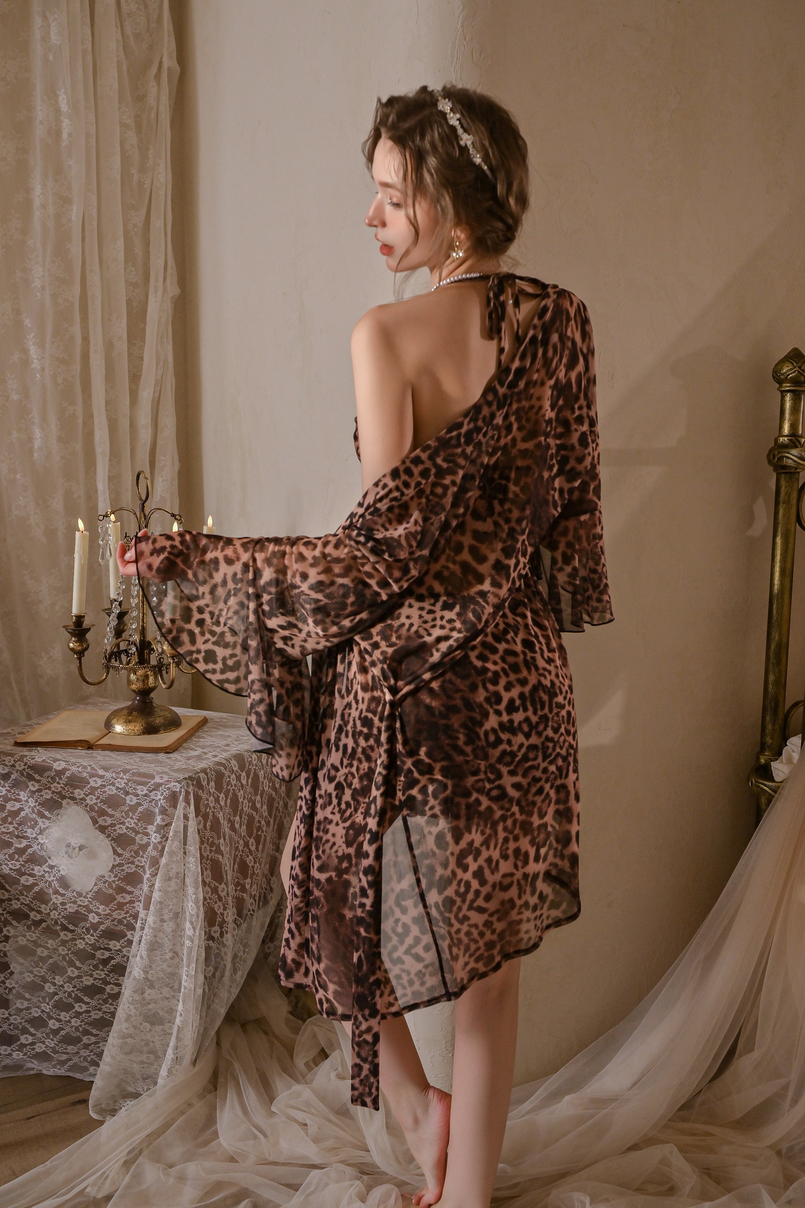 Floral Print Chiffon Babydoll with Lace Trim and Flared Hem