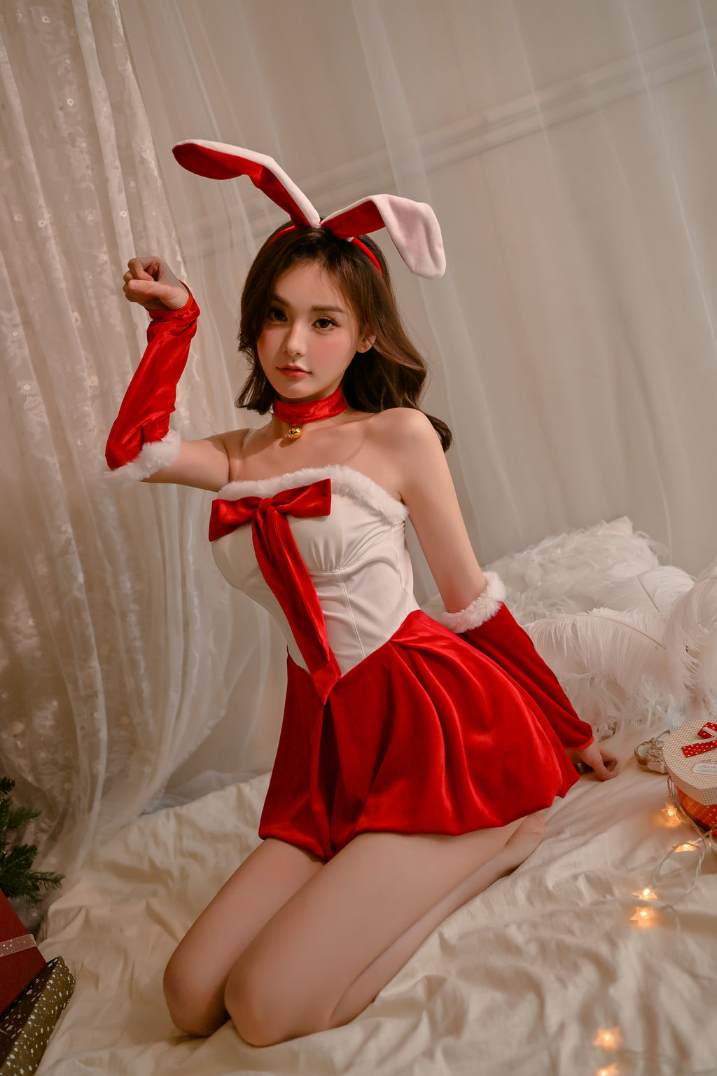 Christmas Babydoll with Furry Trim and Pom-Pom Accents