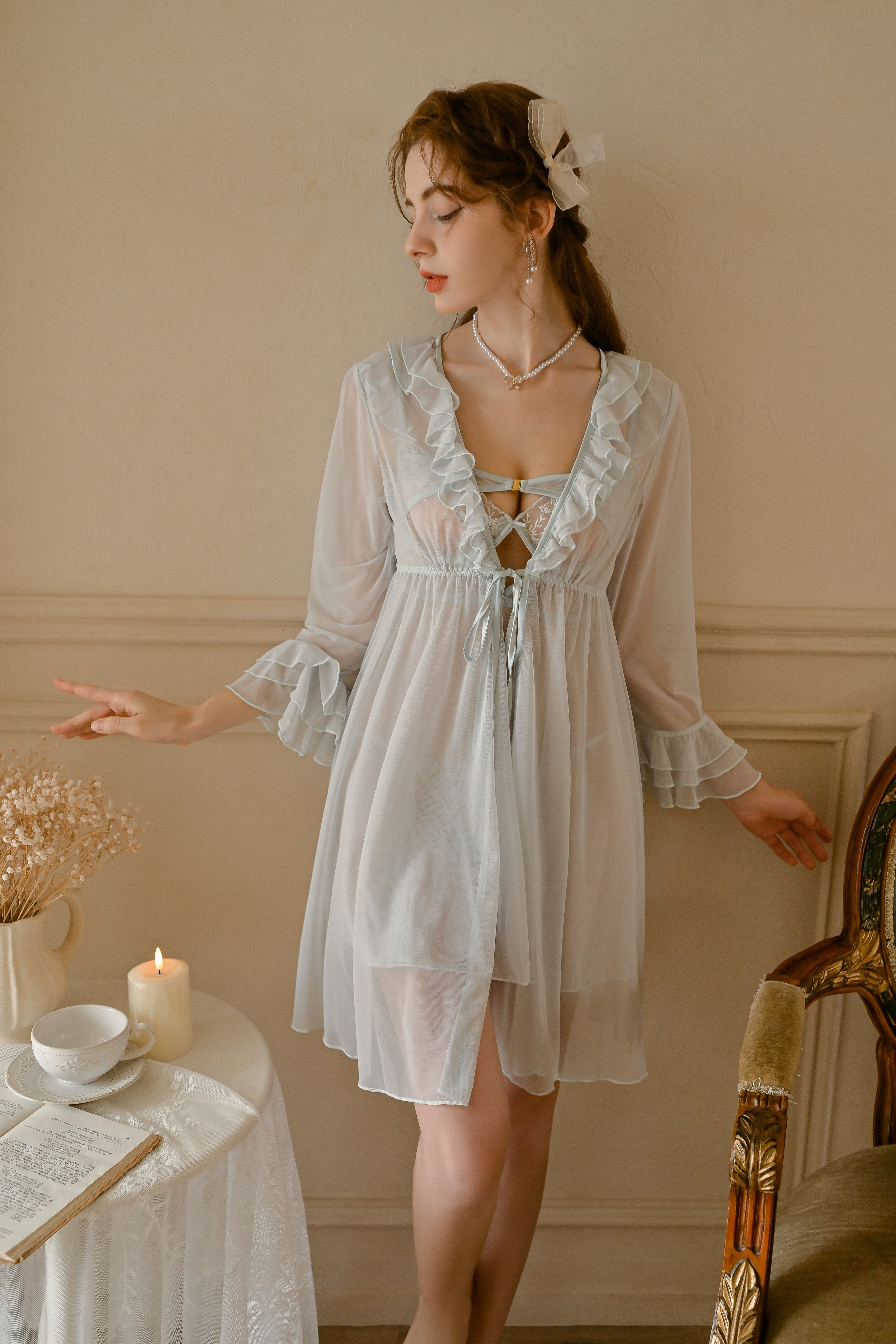 Lace Trimmed Satin Robe with Matching Cami Slip
