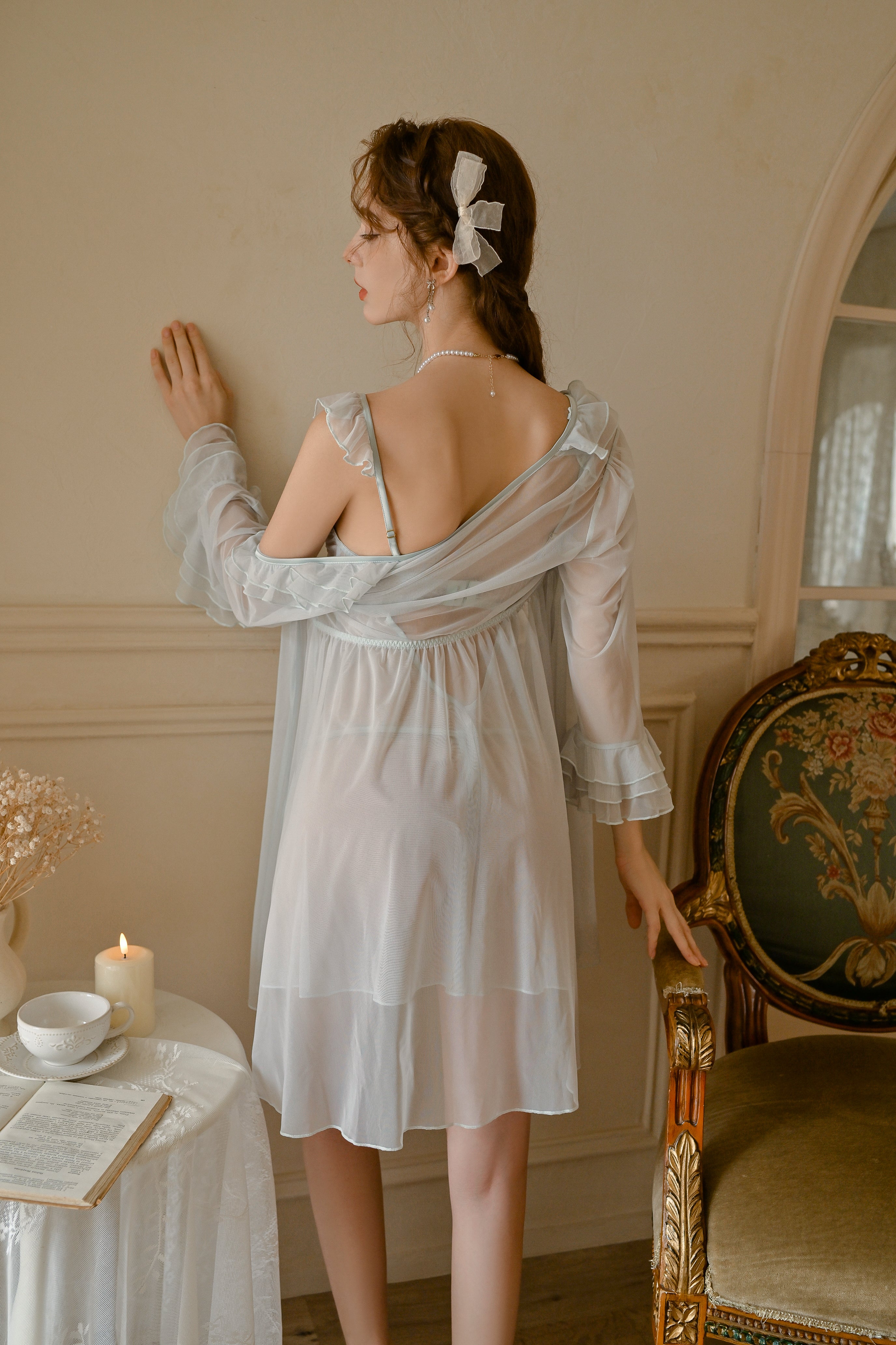 Lace Trimmed Satin Robe with Matching Cami Slip