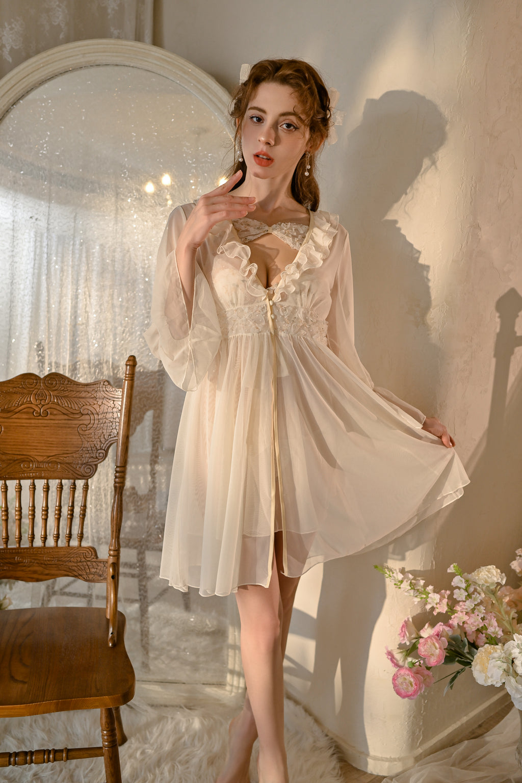 Lace Trimmed Chiffon Babydoll with Flared Hem and Adjustable Straps