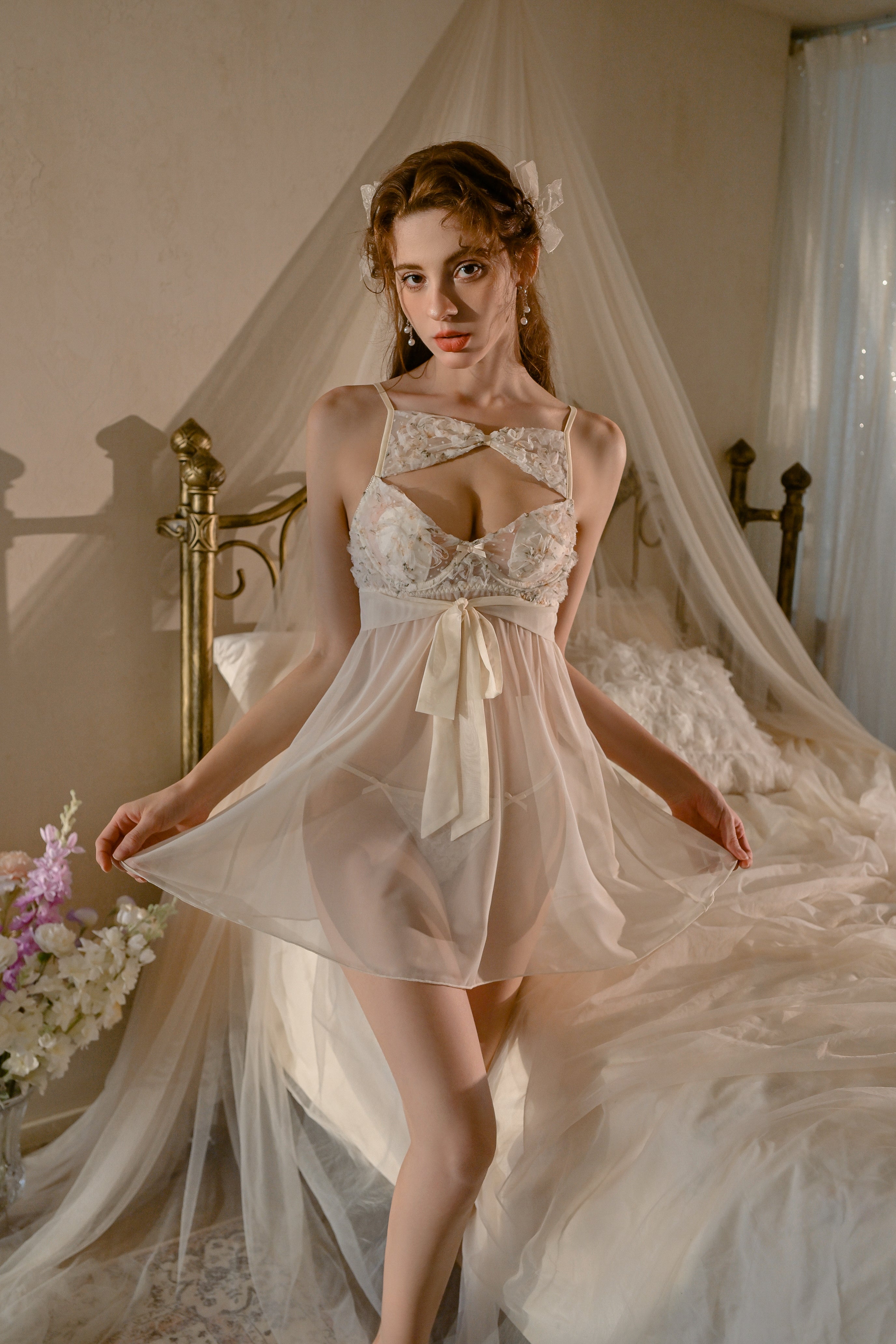 Lace Trimmed Chiffon Babydoll with Flared Hem and Adjustable Straps