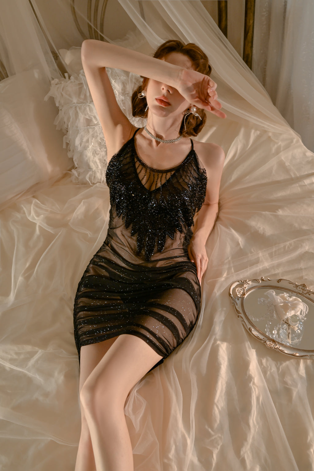 Satin Babydoll with Sheer Mesh Overlay and Ruffled Hem