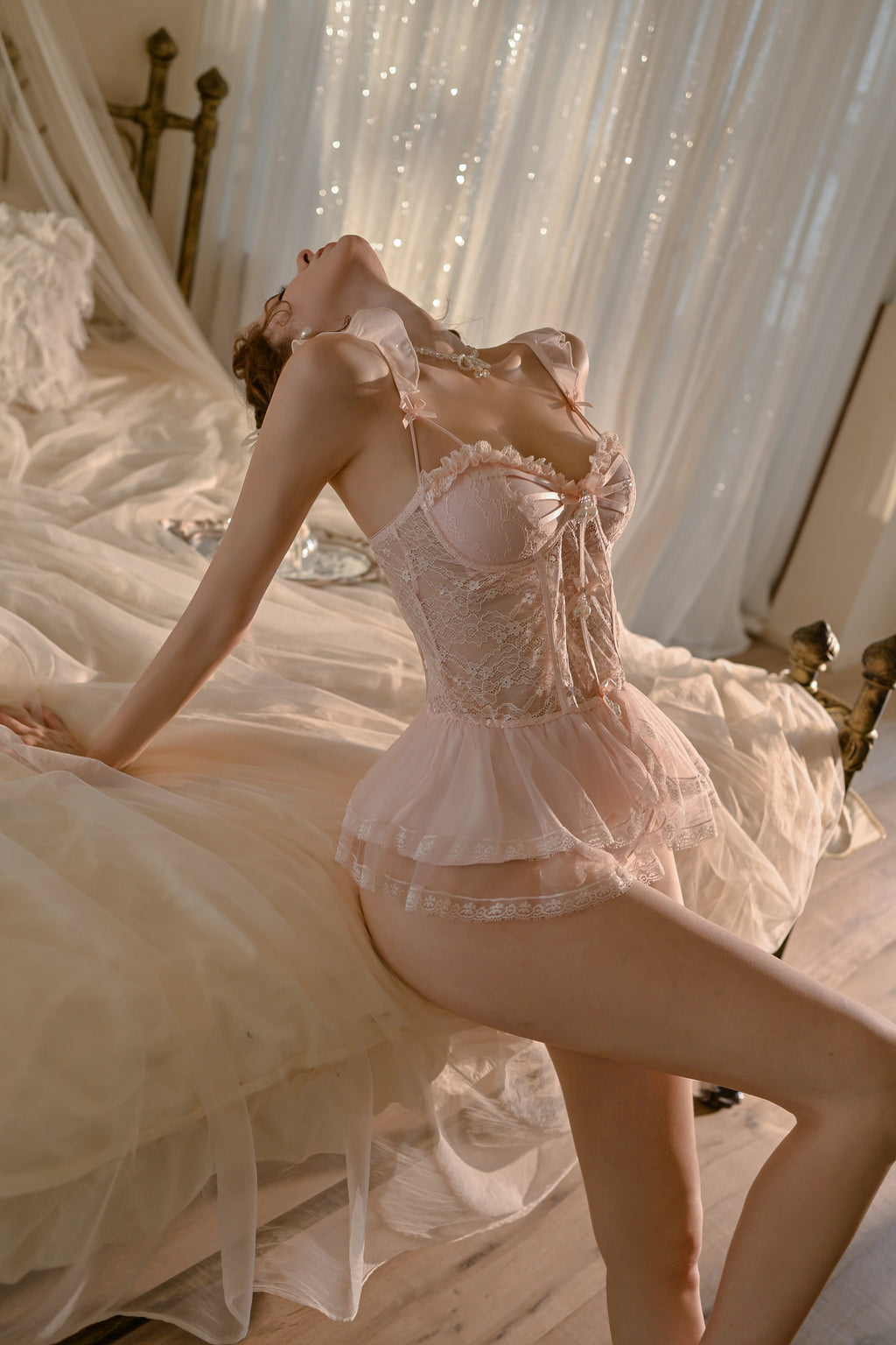 Lace Trimmed Babydoll Set with High-Waisted Bottoms and Bow Detail