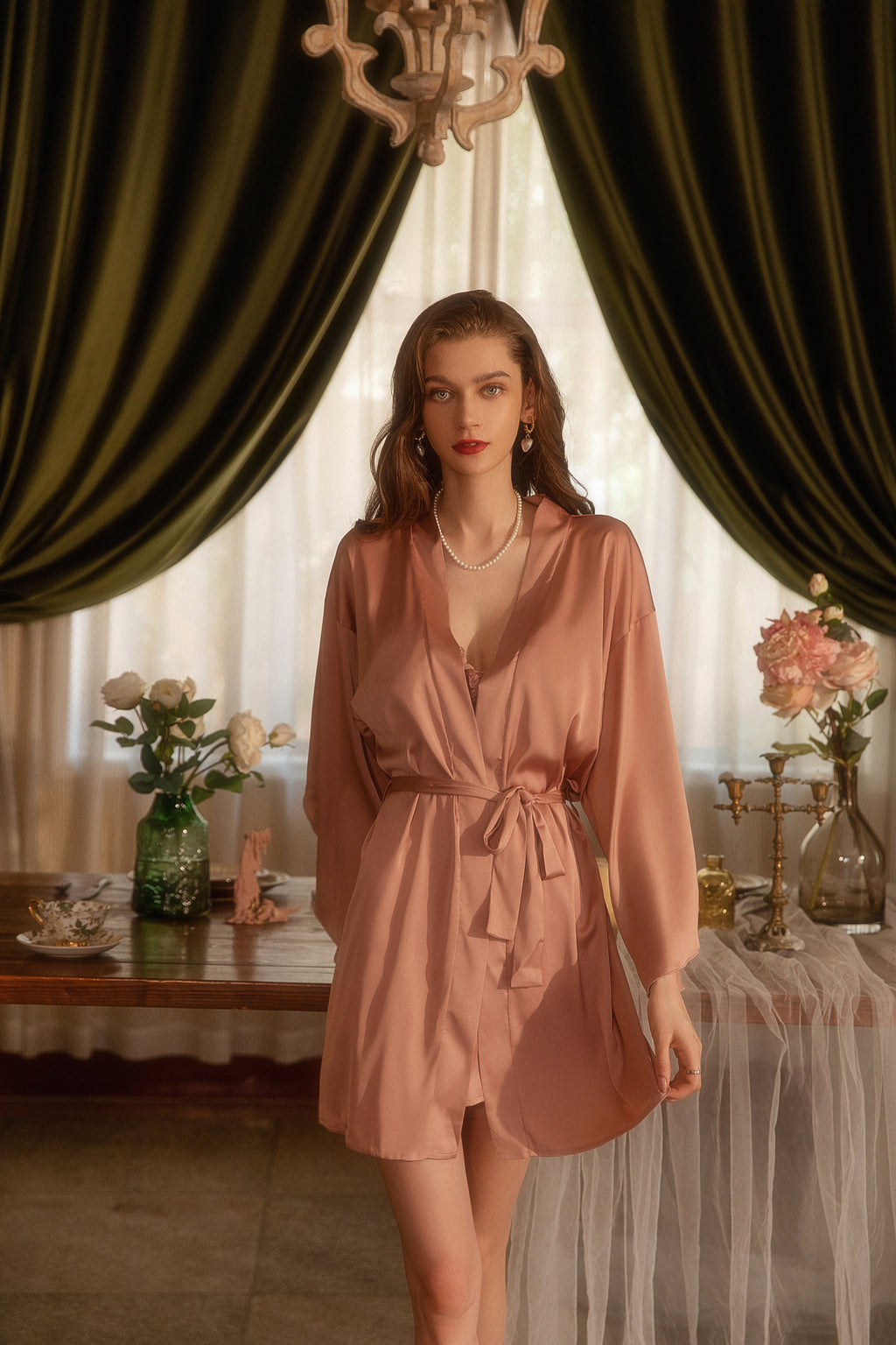 Satin Robe with Matching Lace Trimmed Cami Set