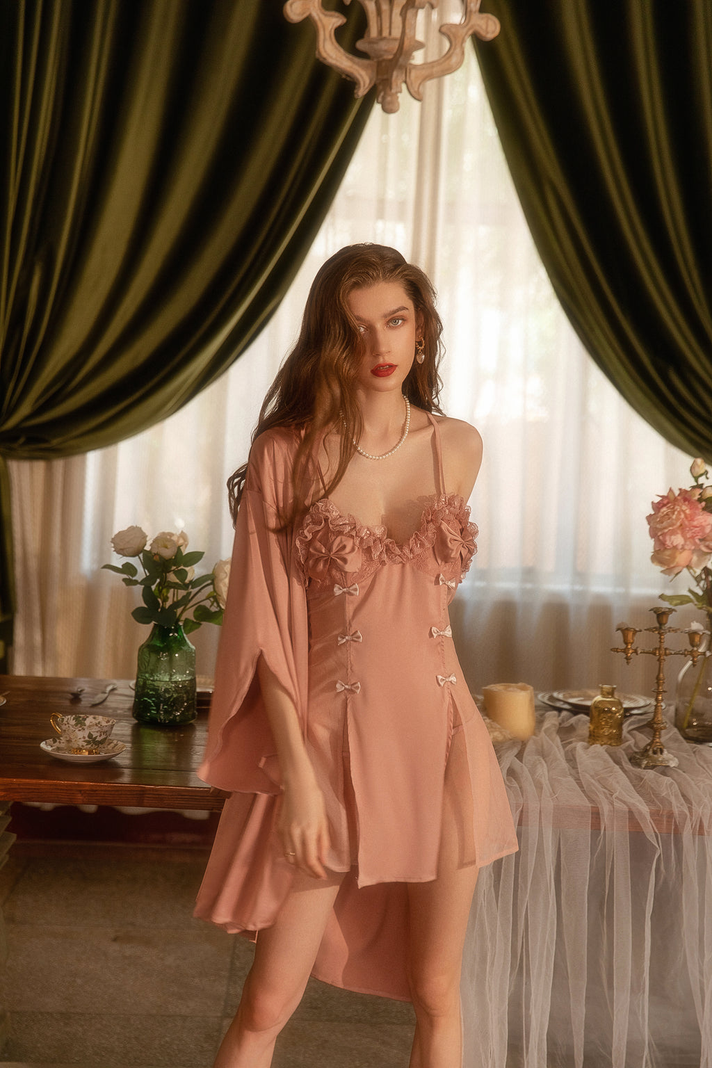 Satin Robe with Matching Lace Trimmed Cami Set