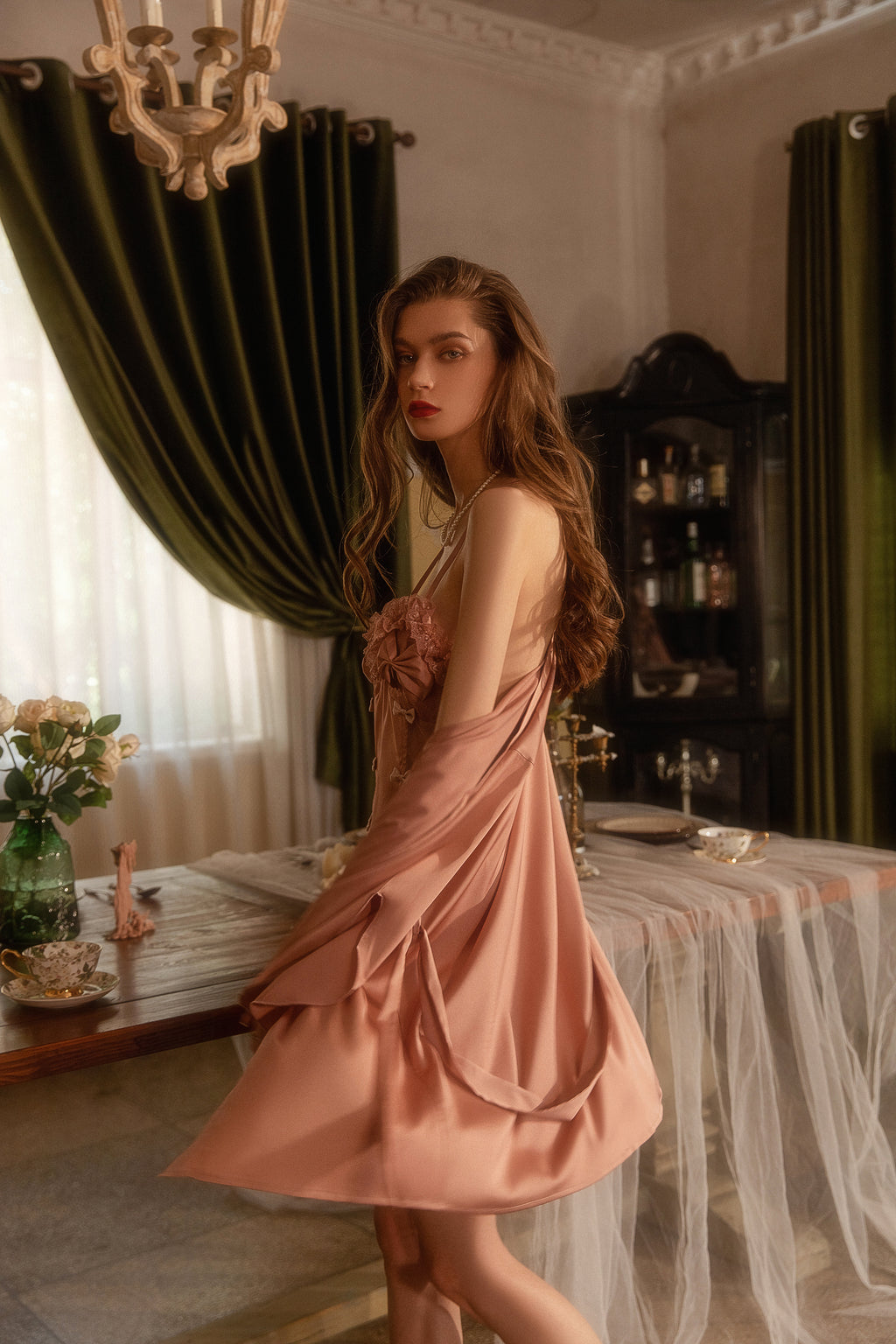 Satin Robe with Matching Lace Trimmed Cami Set