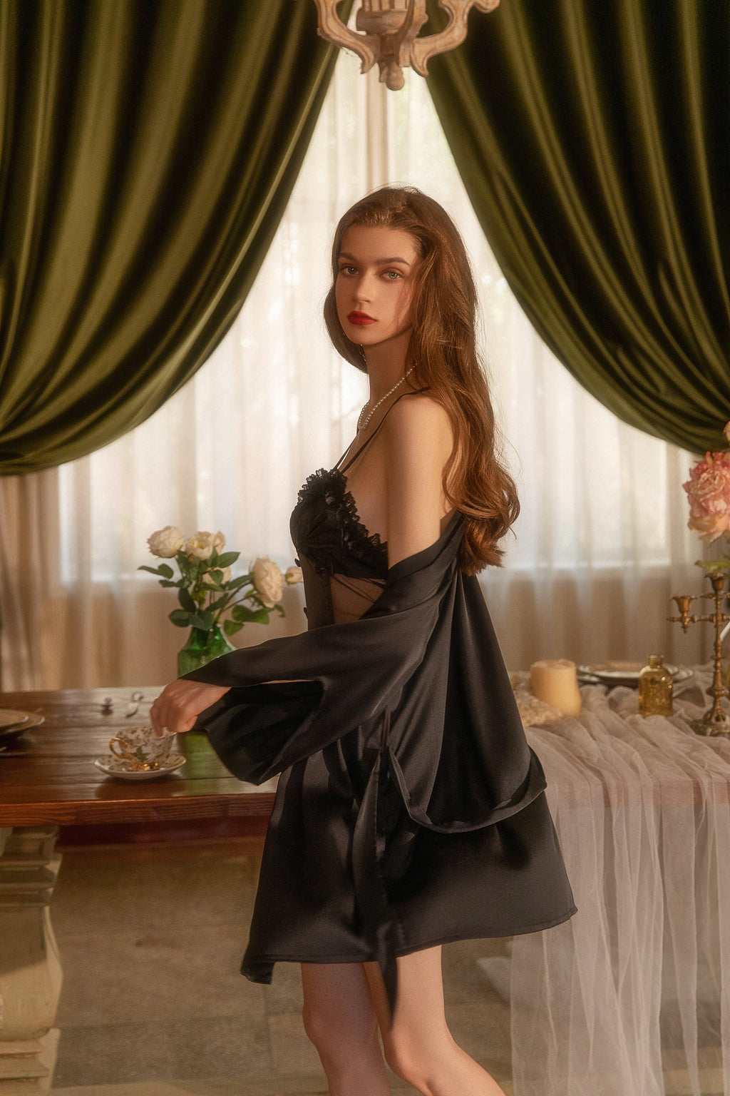 Satin Robe with Matching Lace Trimmed Cami Set