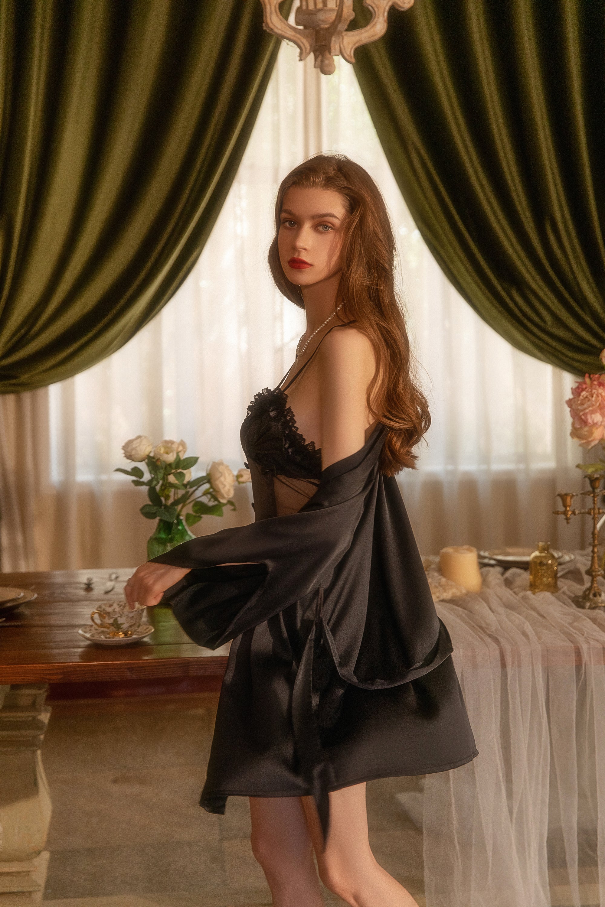 Satin Robe with Matching Lace Trimmed Cami Set