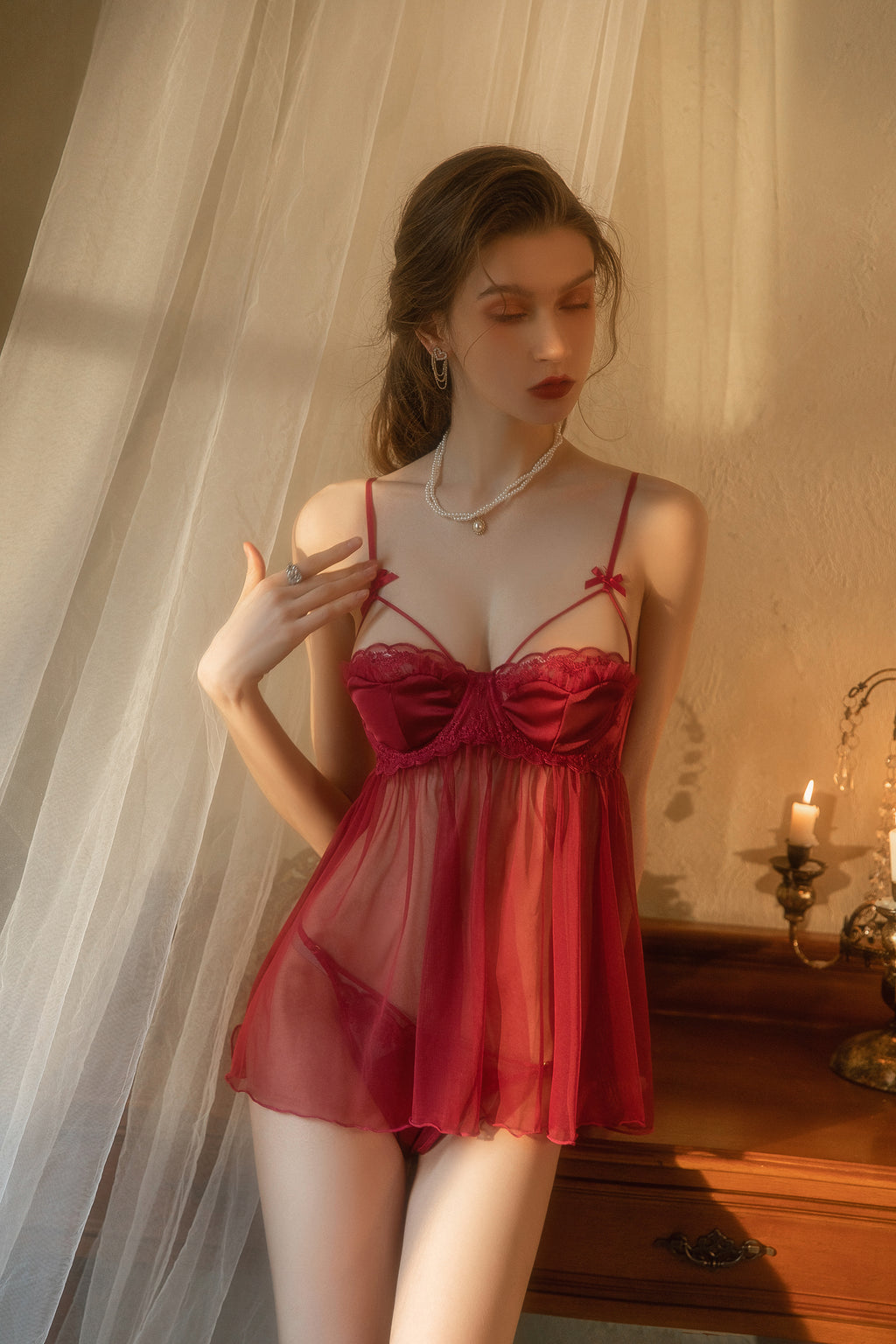 Lace-Up Front Babydoll with Ruffled Hem and Scalloped Trim