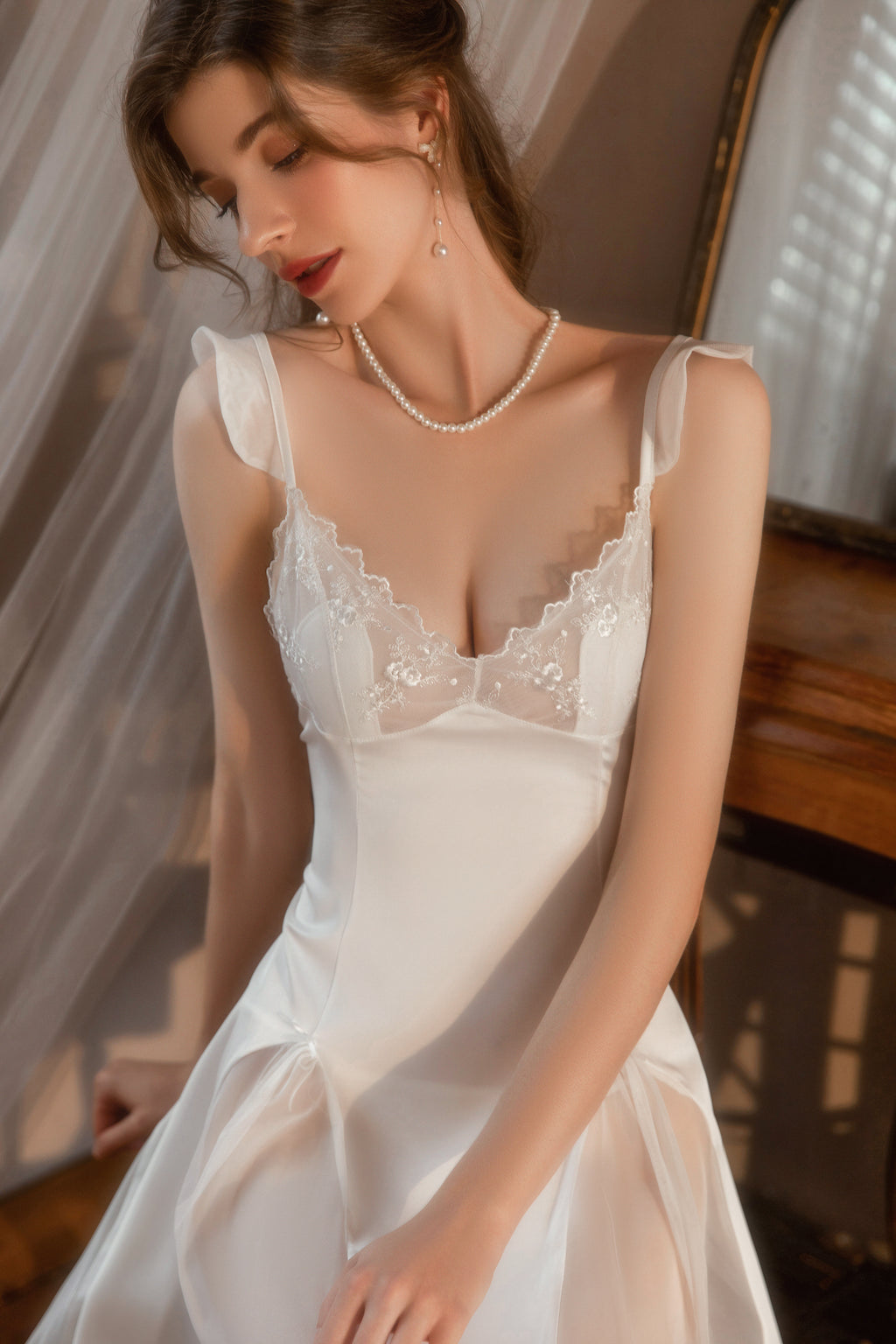Lace Trimmed Satin Chemise with Deep V-Neck and Flared Skirt