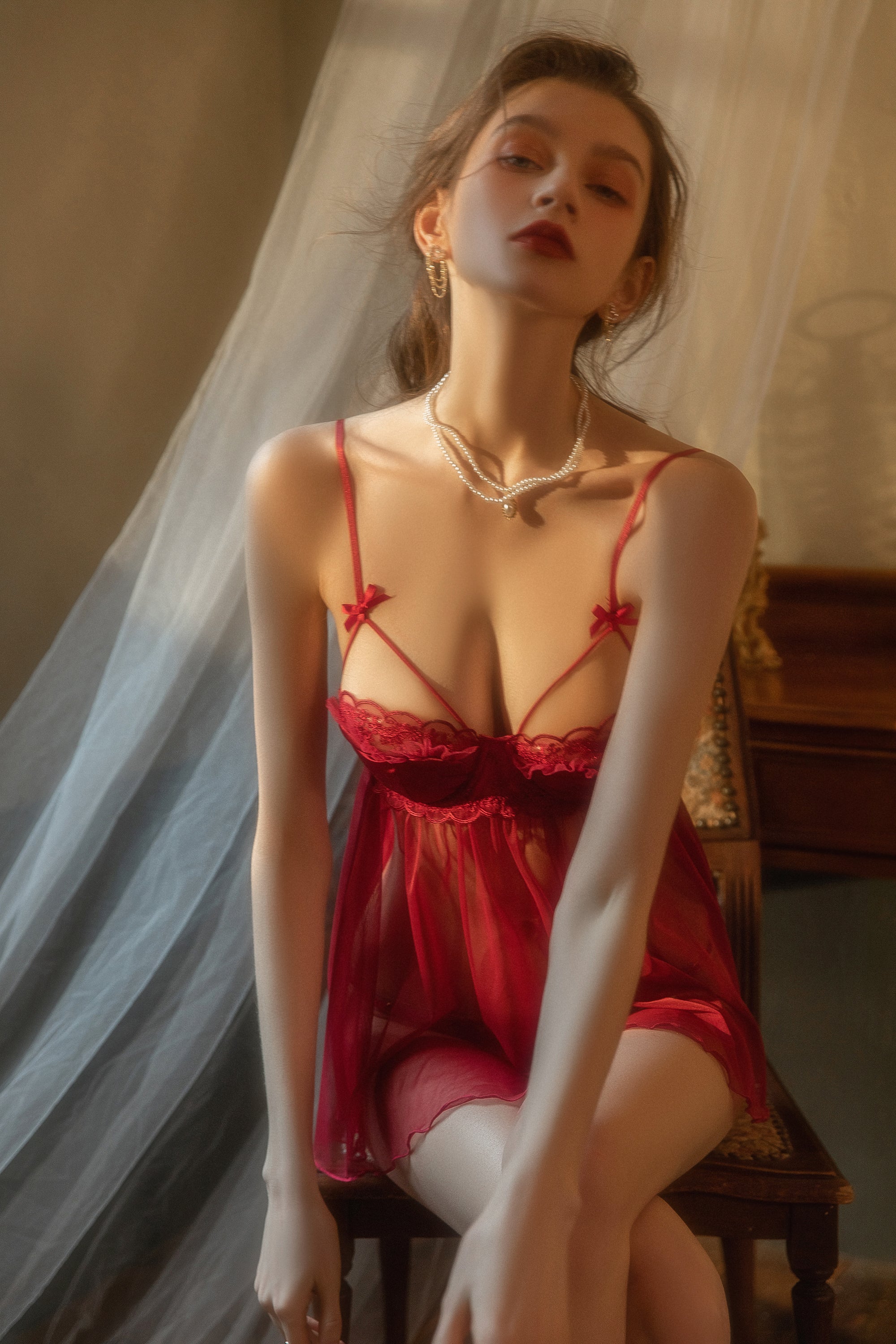 Lace-Up Front Babydoll with Ruffled Hem and Scalloped Trim
