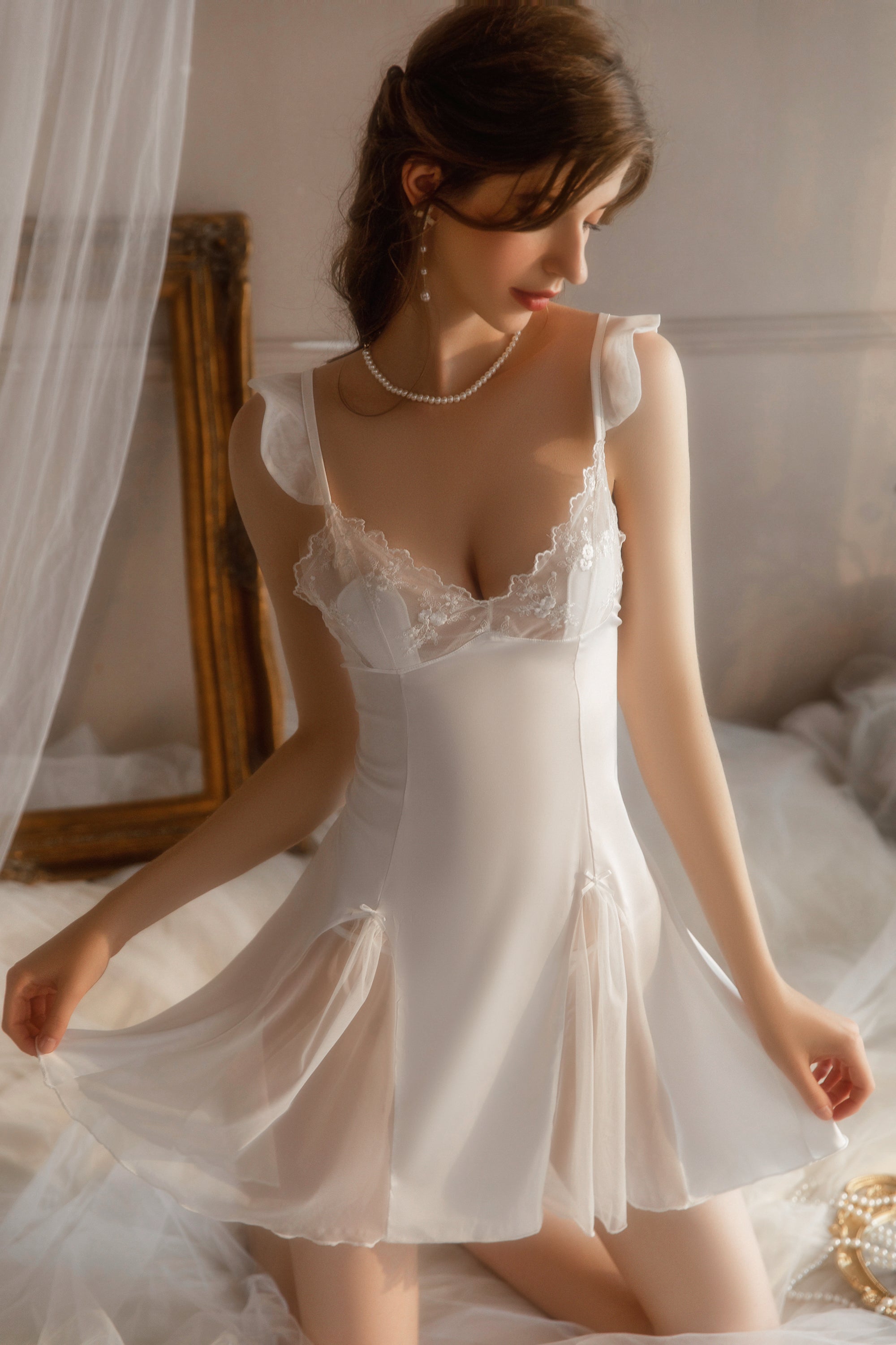 Lace Trimmed Satin Chemise with Deep V-Neck and Flared Skirt