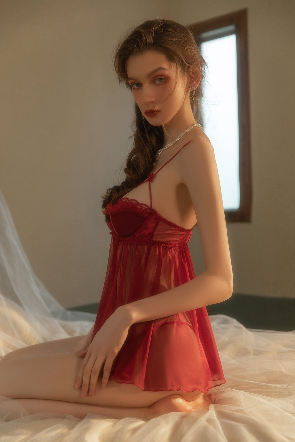 Lace-Up Front Babydoll with Ruffled Hem and Scalloped Trim