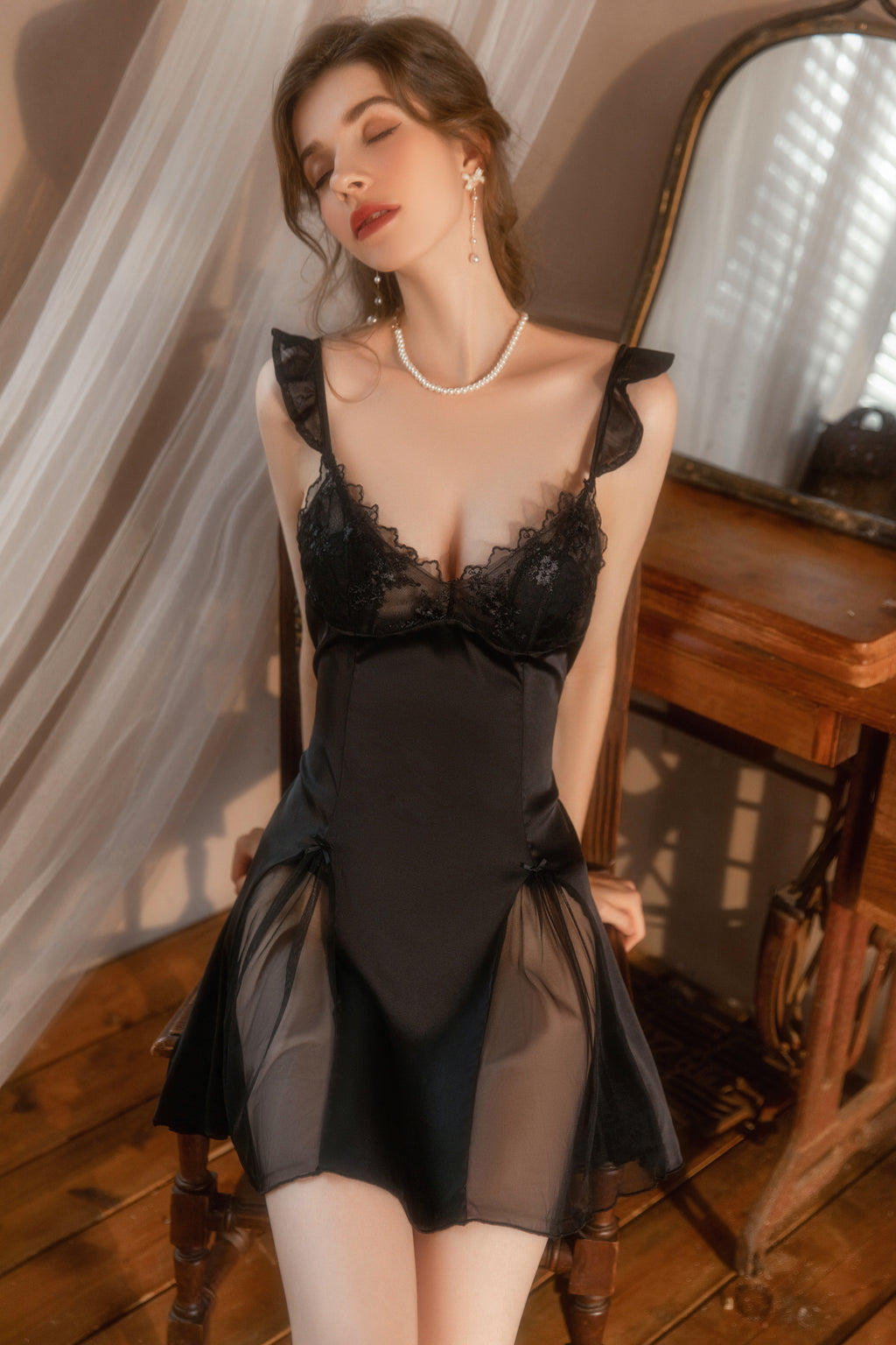 Lace Trimmed Satin Chemise with Deep V-Neck and Flared Skirt