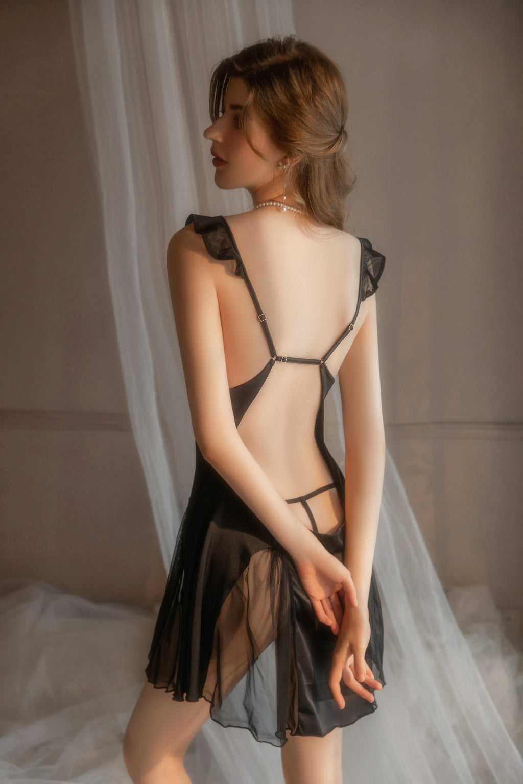 Lace Trimmed Satin Chemise with Deep V-Neck and Flared Skirt