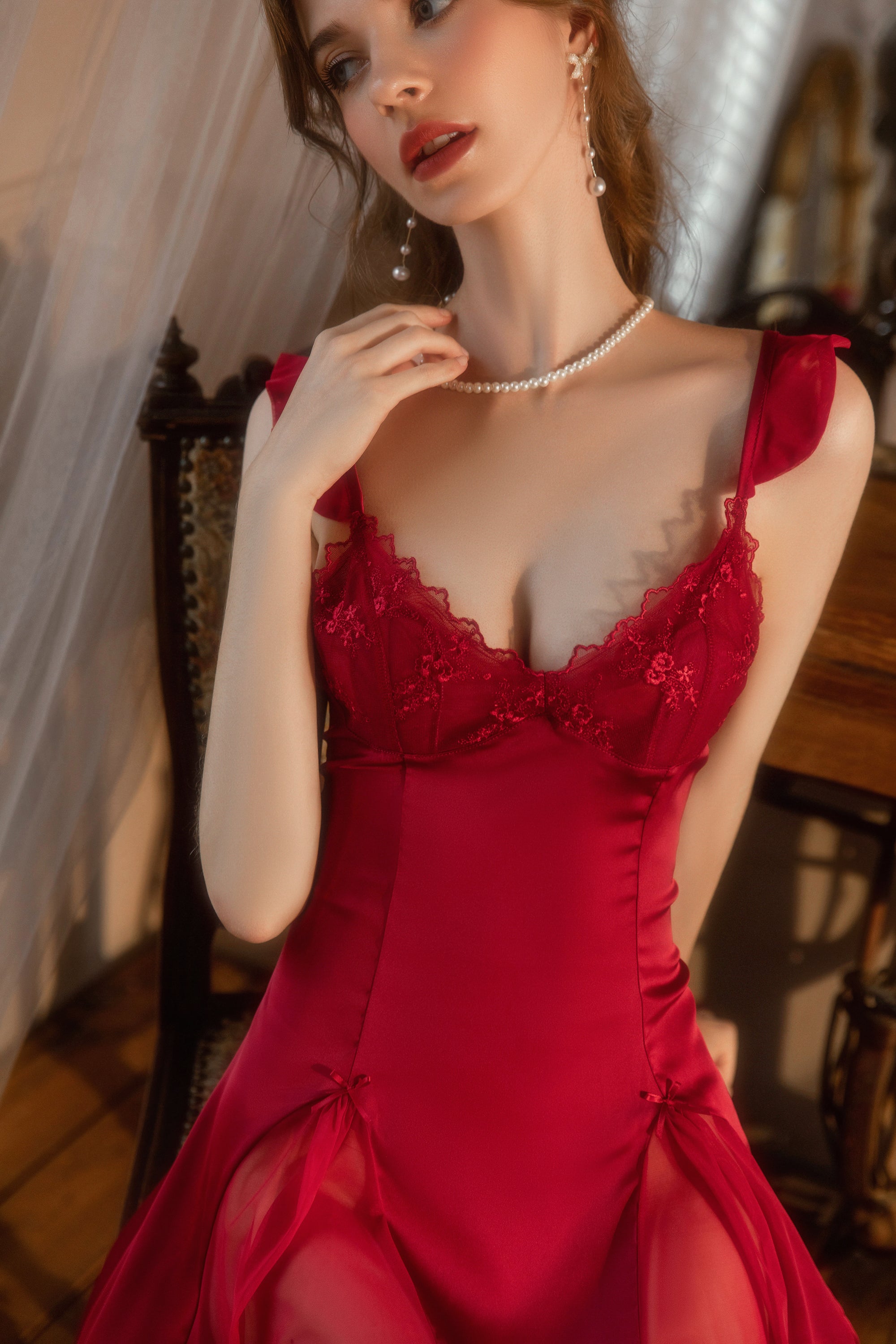 Lace Trimmed Satin Chemise with Deep V-Neck and Flared Skirt