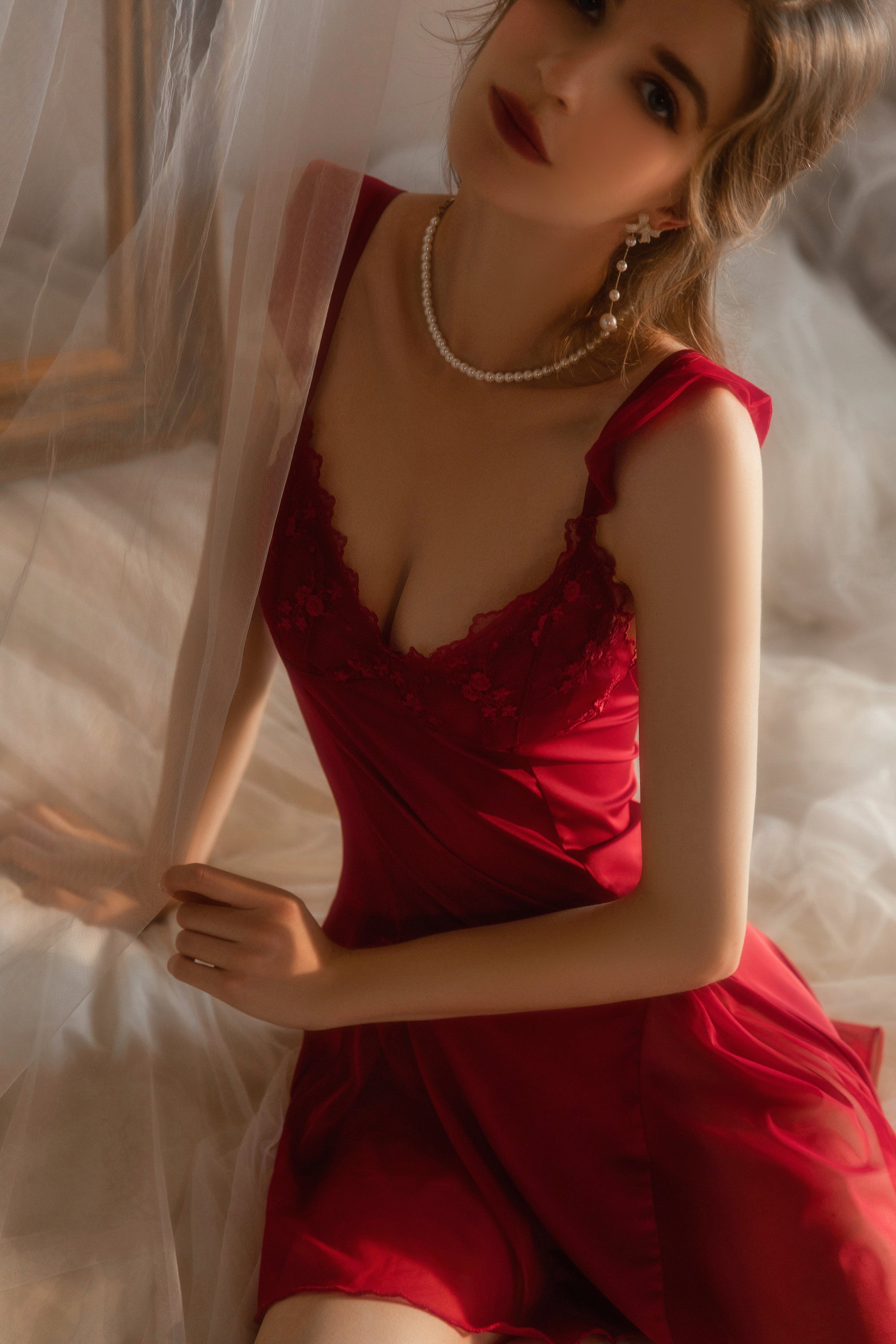 Lace Trimmed Satin Chemise with Deep V-Neck and Flared Skirt