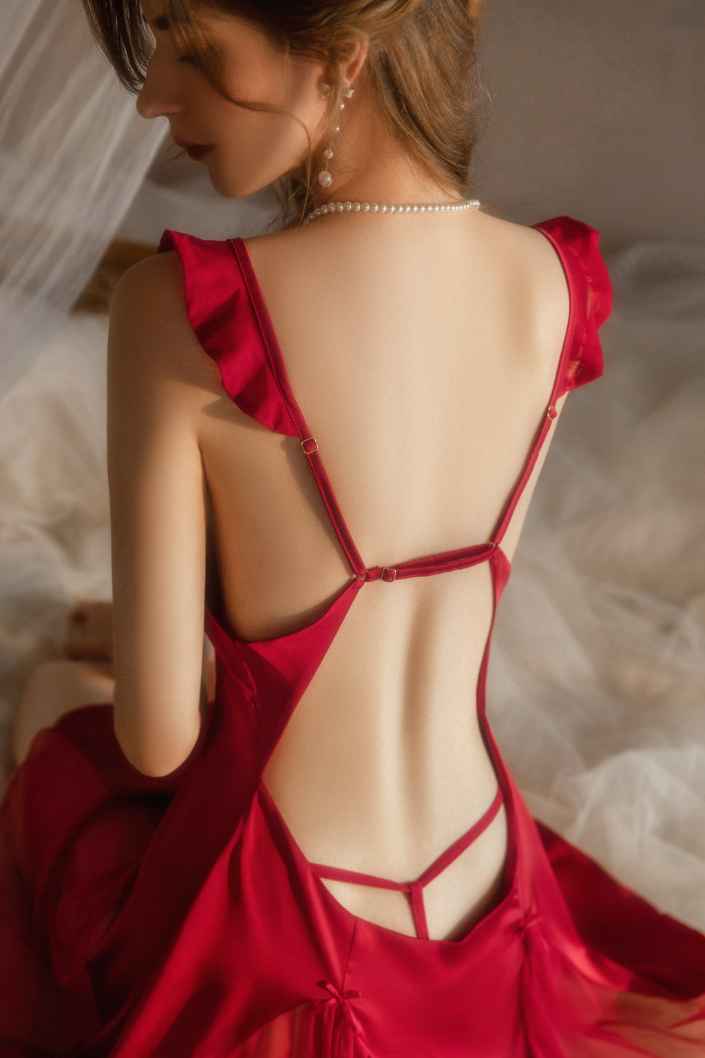 Lace Trimmed Satin Chemise with Deep V-Neck and Flared Skirt