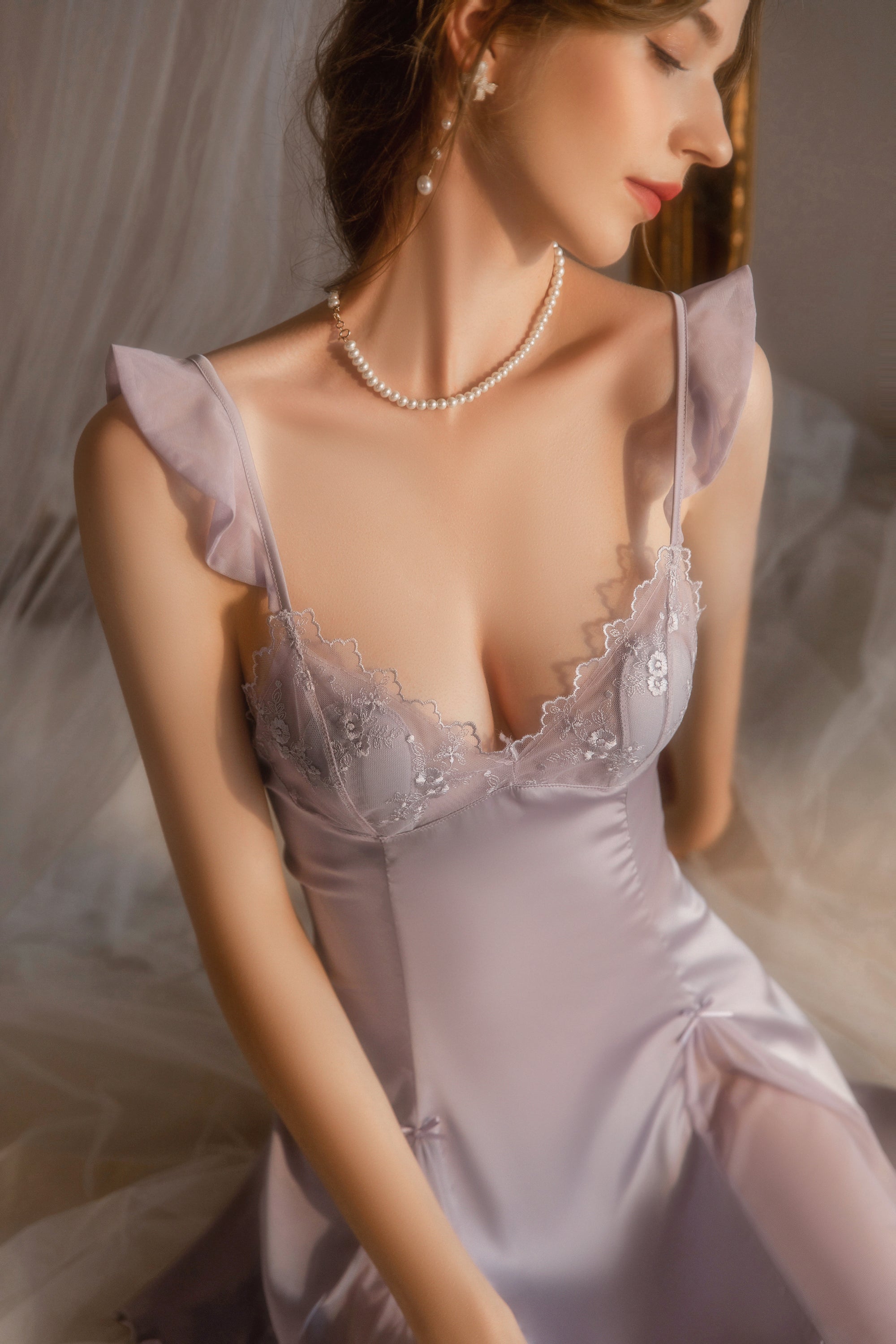 Lace Trimmed Satin Chemise with Deep V-Neck and Flared Skirt