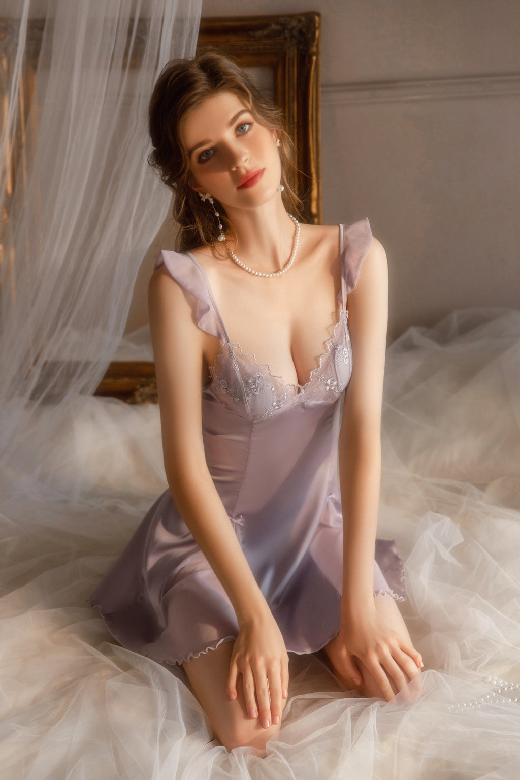Lace Trimmed Satin Chemise with Deep V-Neck and Flared Skirt