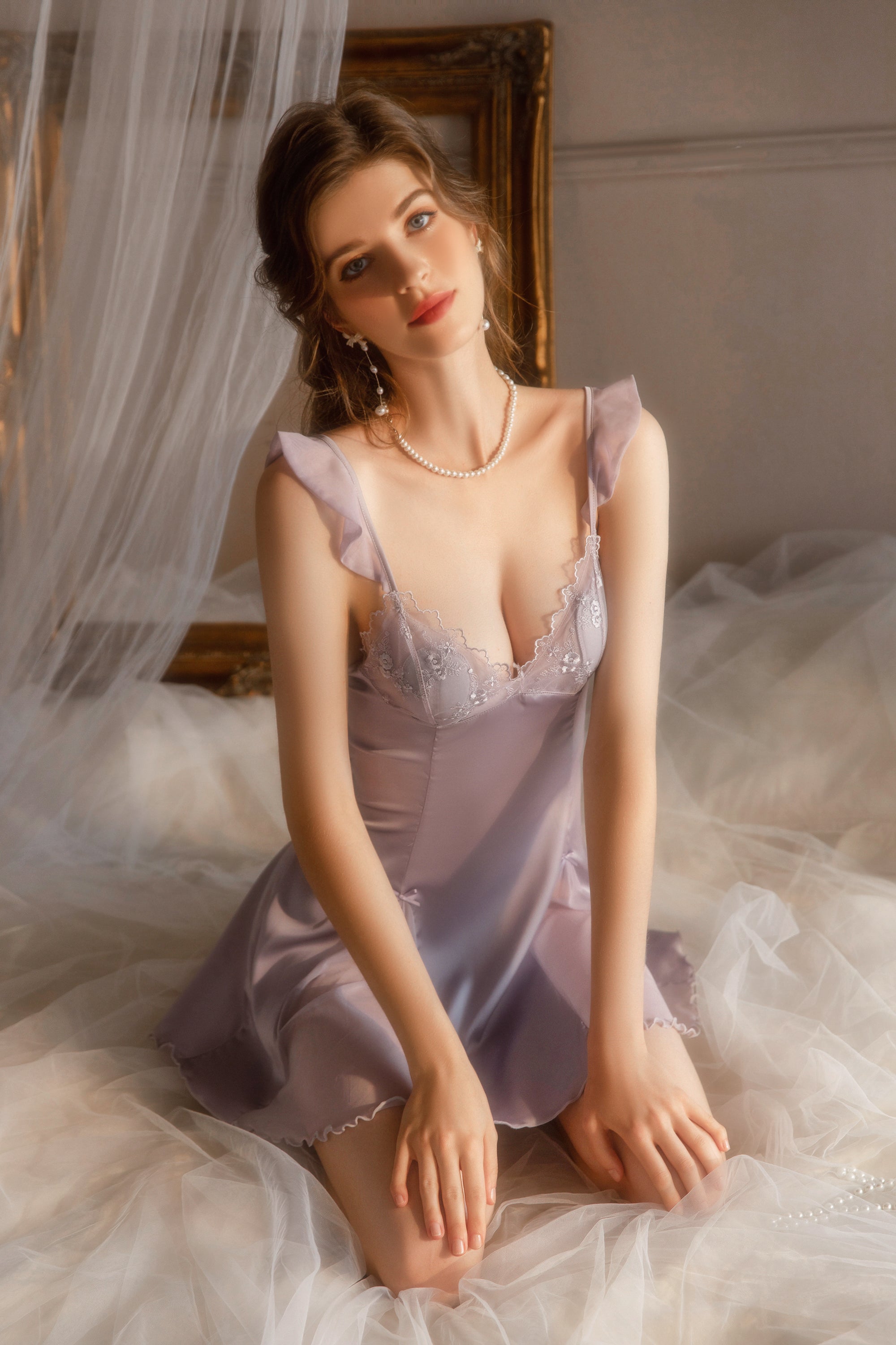 Lace Trimmed Satin Chemise with Deep V-Neck and Flared Skirt