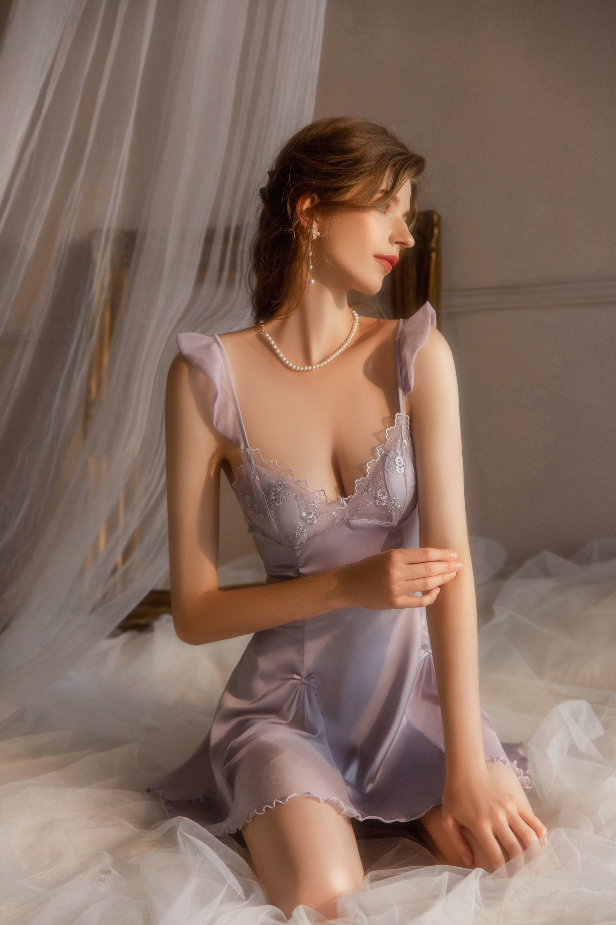 Lace Trimmed Satin Chemise with Deep V-Neck and Flared Skirt