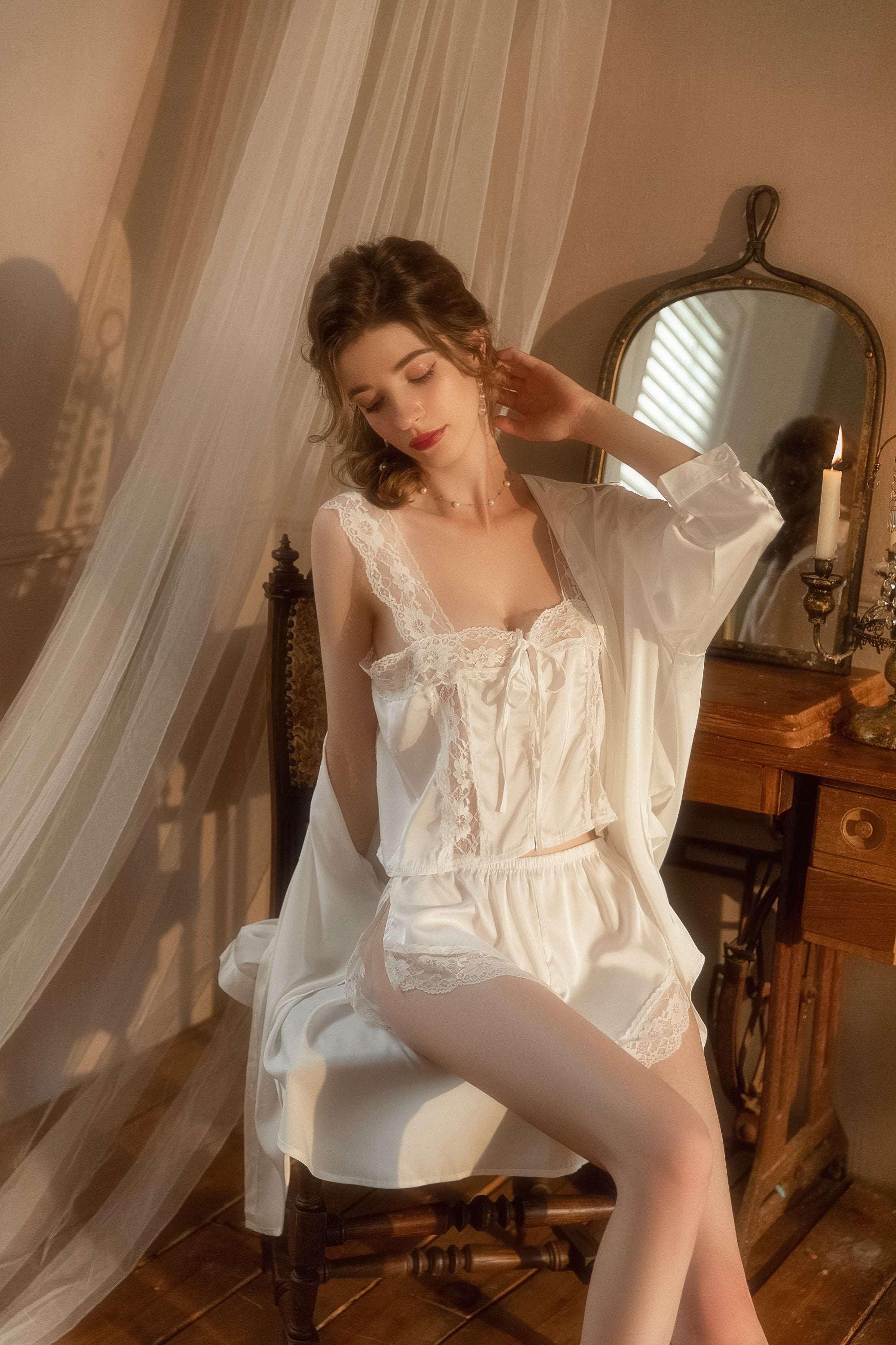 Lace Trimmed Satin Robe Set with Matching Cami and Shorts